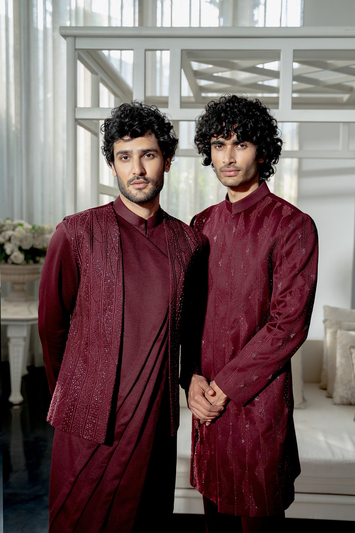 Plum geometric sherwani set