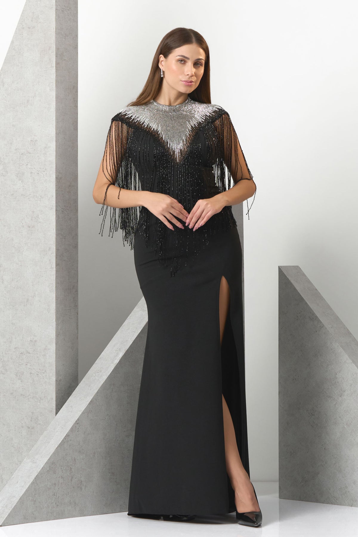 Zyra Crepe Jeweled Evening Gown