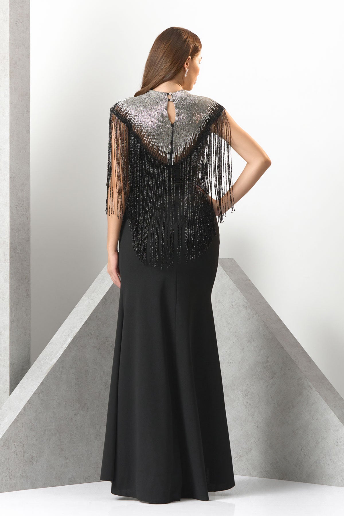 Zyra Crepe Jeweled Evening Gown