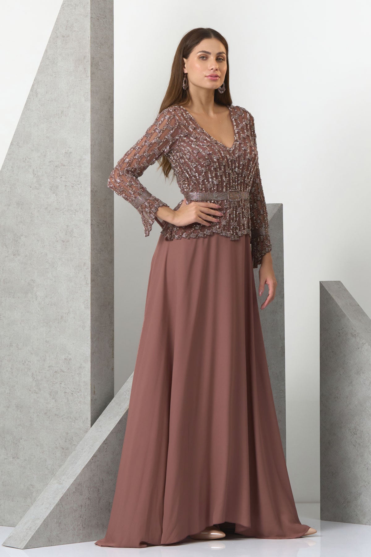 Dark Chestnut Peplum Evening Gown