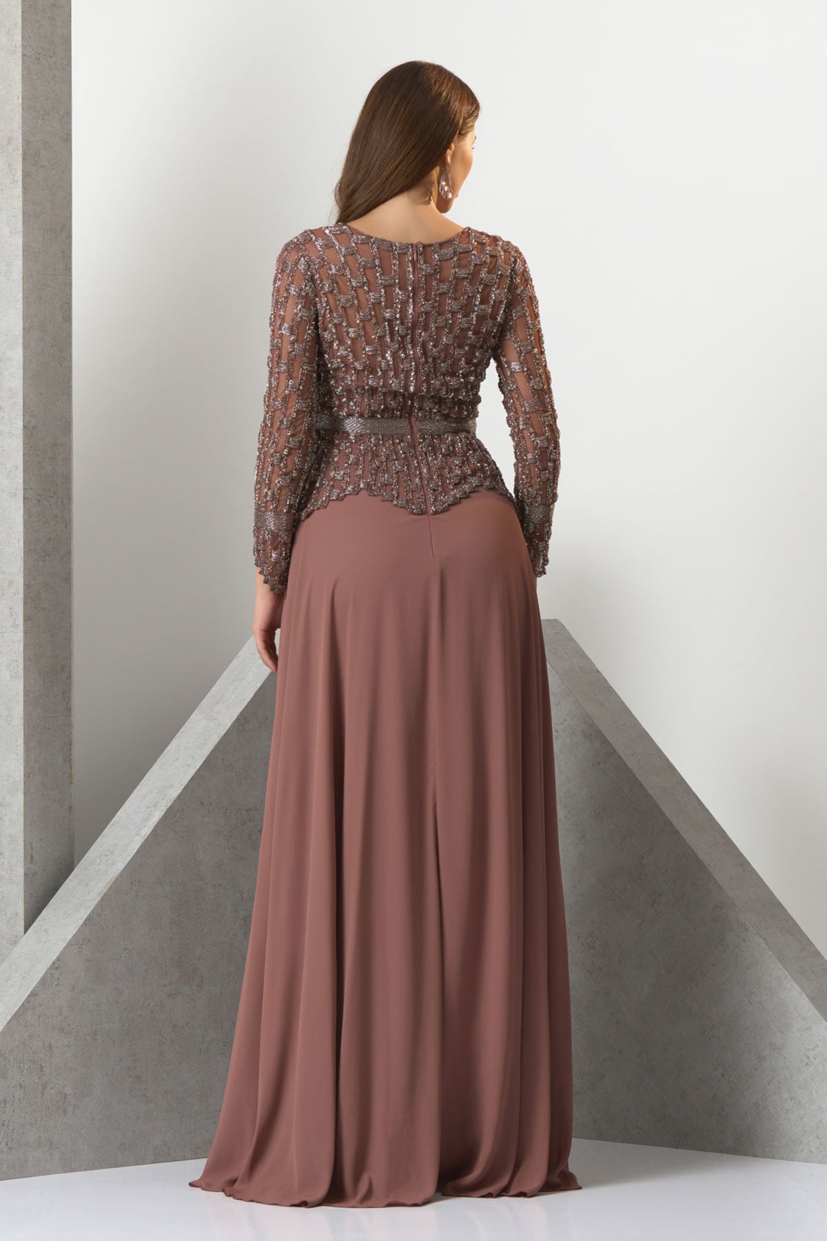 Dark Chestnut Peplum Evening Gown