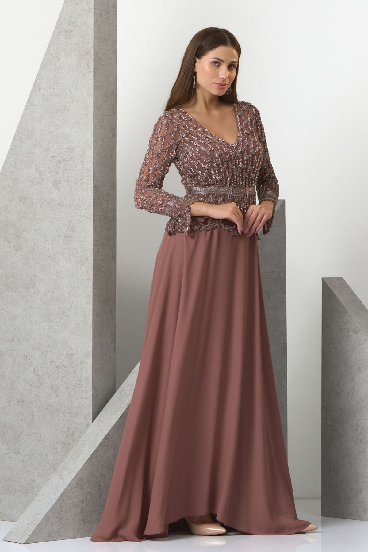 Dark Chestnut Peplum Evening Gown