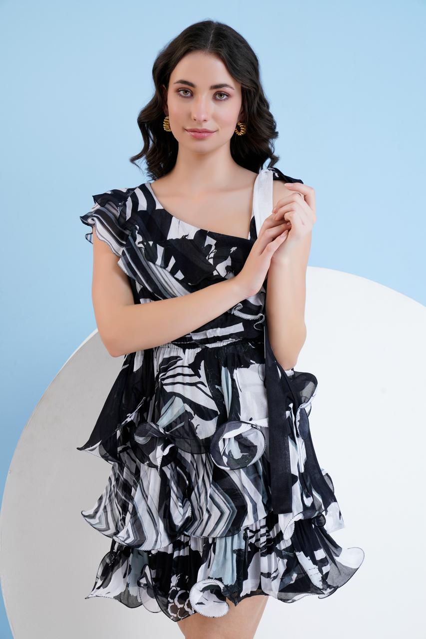 Black Printed Tiered Dress