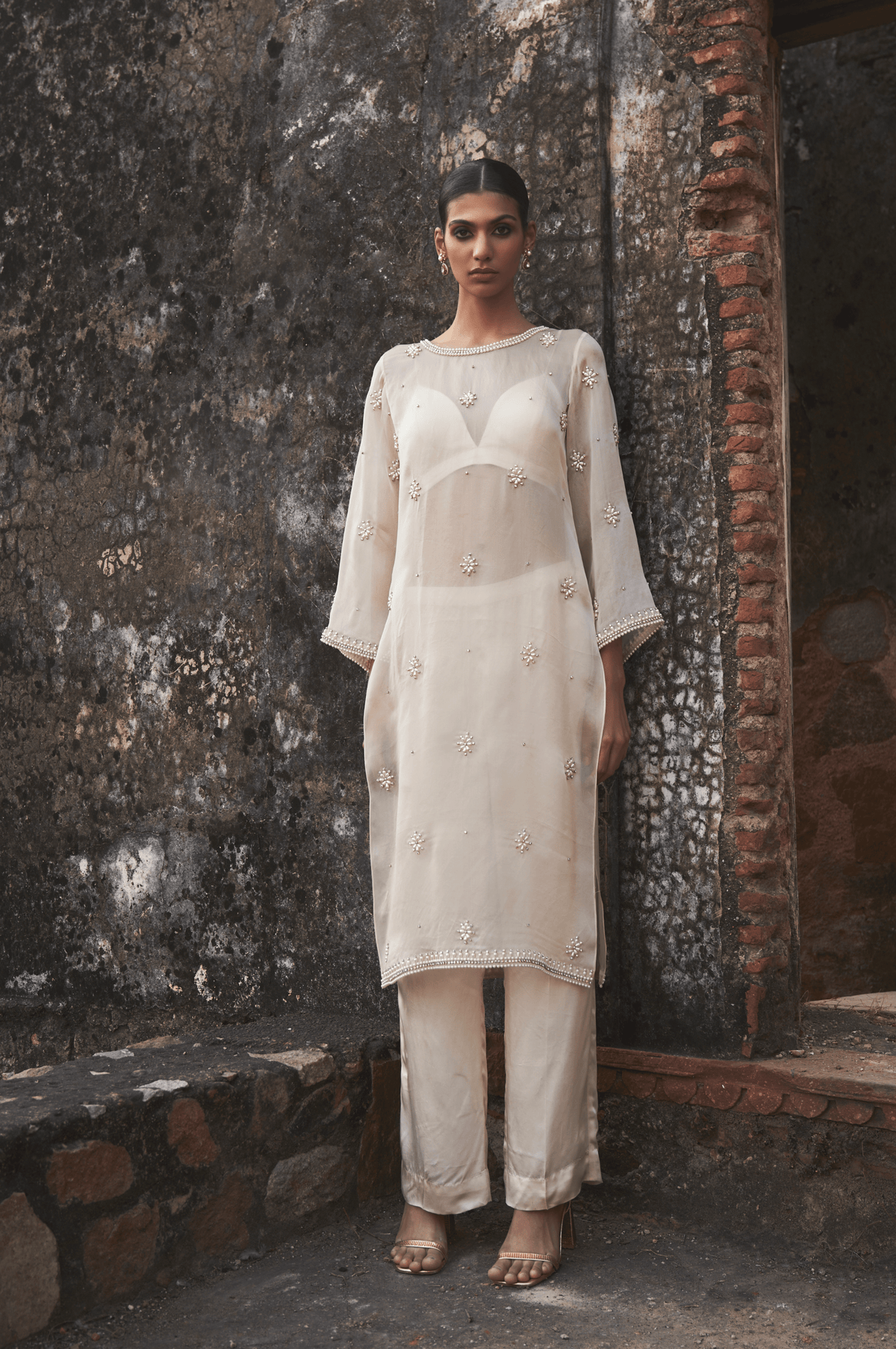 Pearl and  Cream Zeya Organza Suit Set