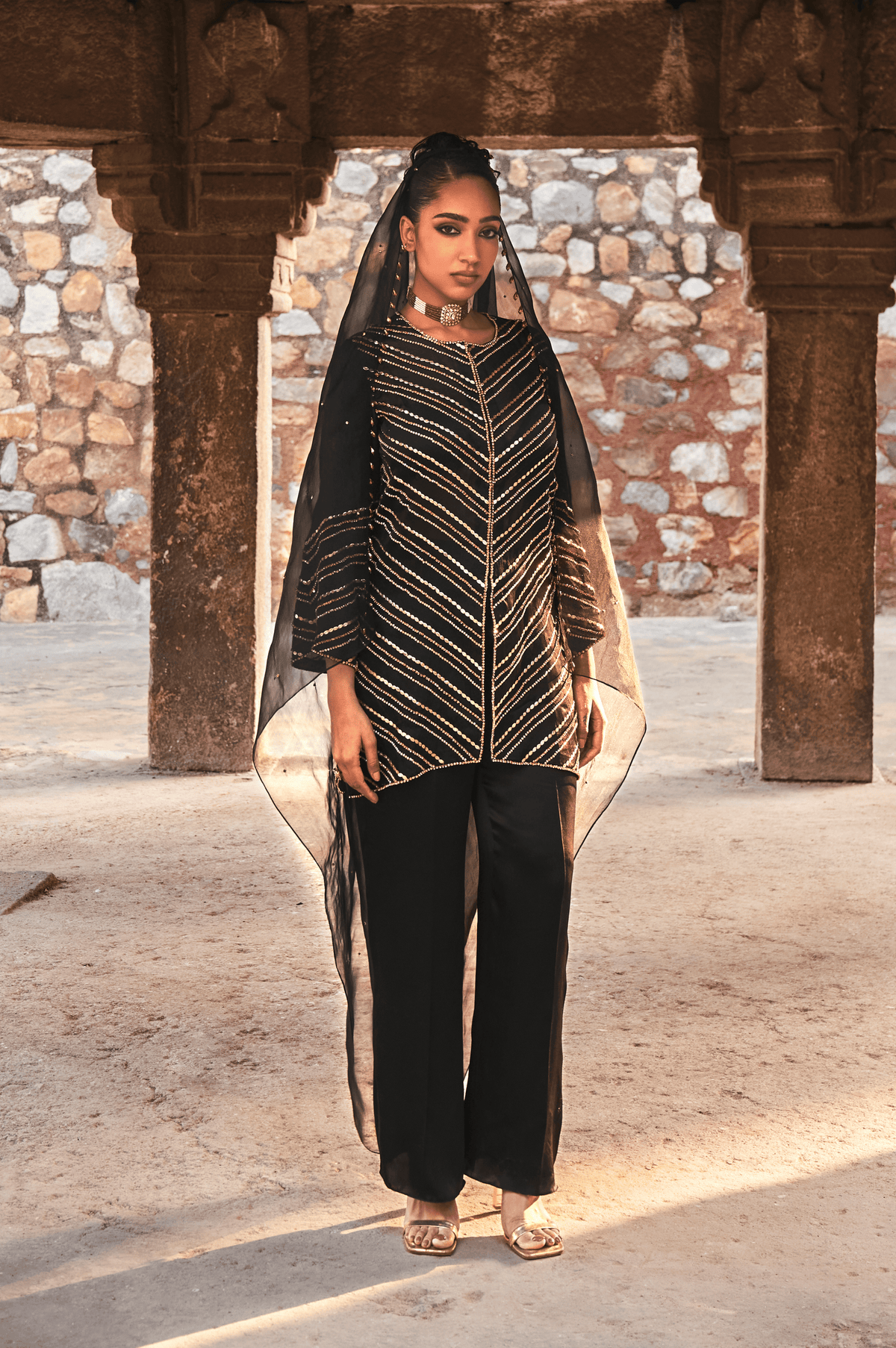 Gold and Black Zeya Organza Suit Set