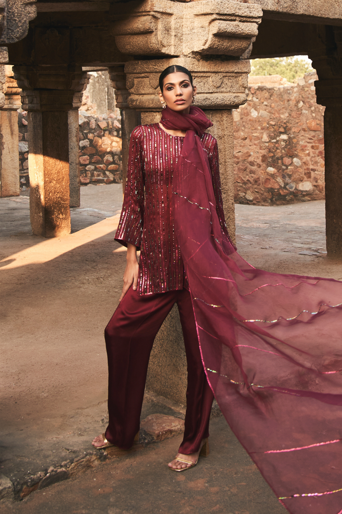 Shimmer Maroon Zeya Organza Suit Set