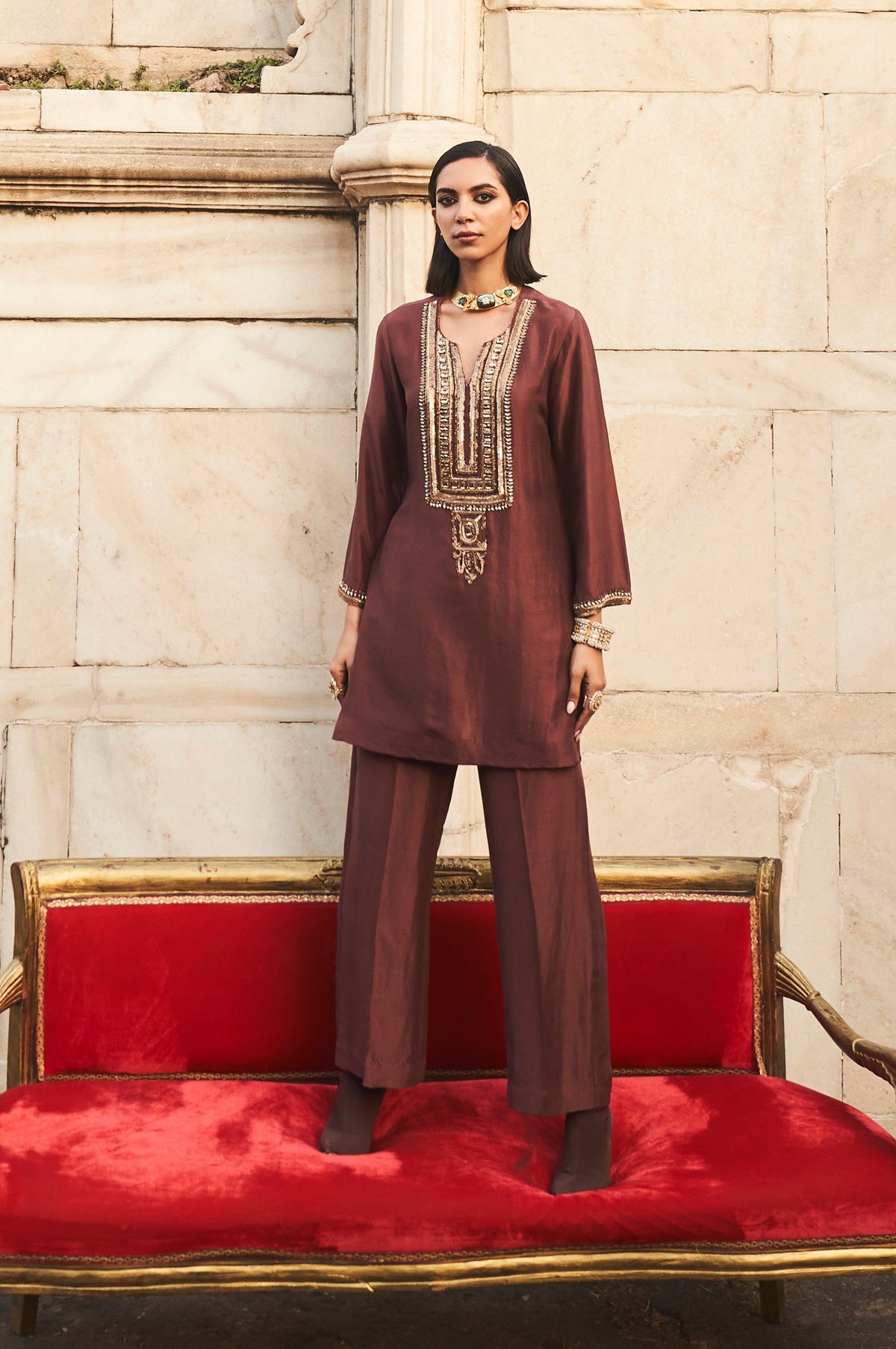 Gold on  Brown Zeya Silk Set