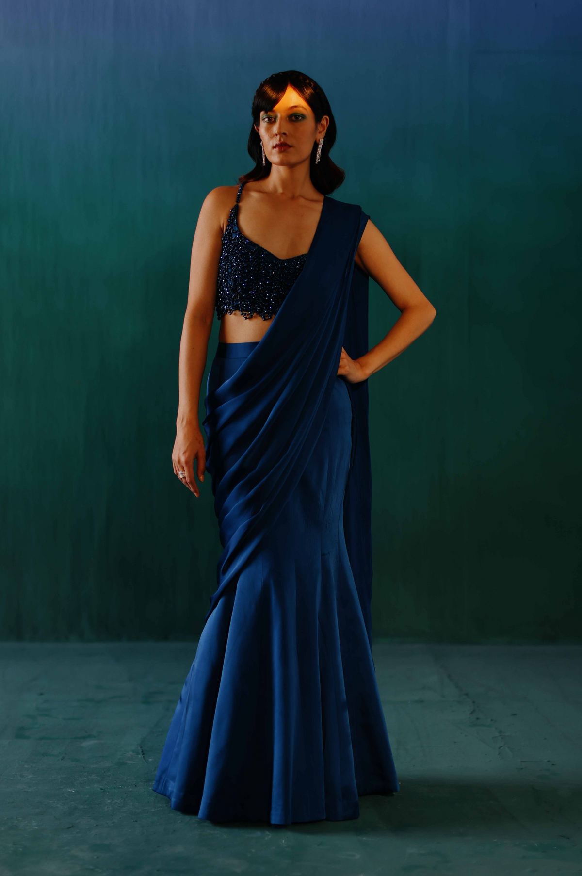 Metallic Blue Fish Cut Drape Saree