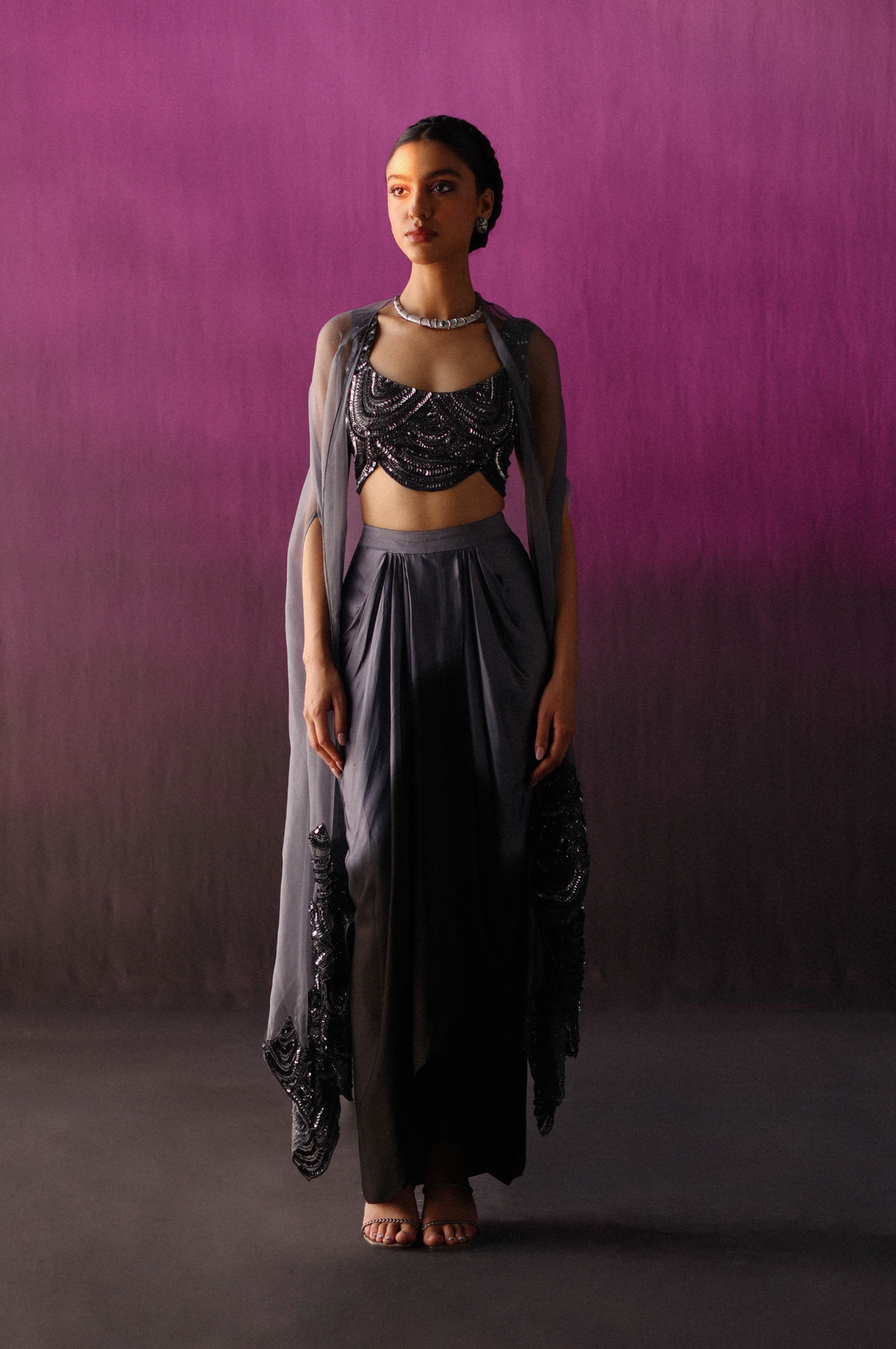 Grey Black Ombre Dhoti Cape Set