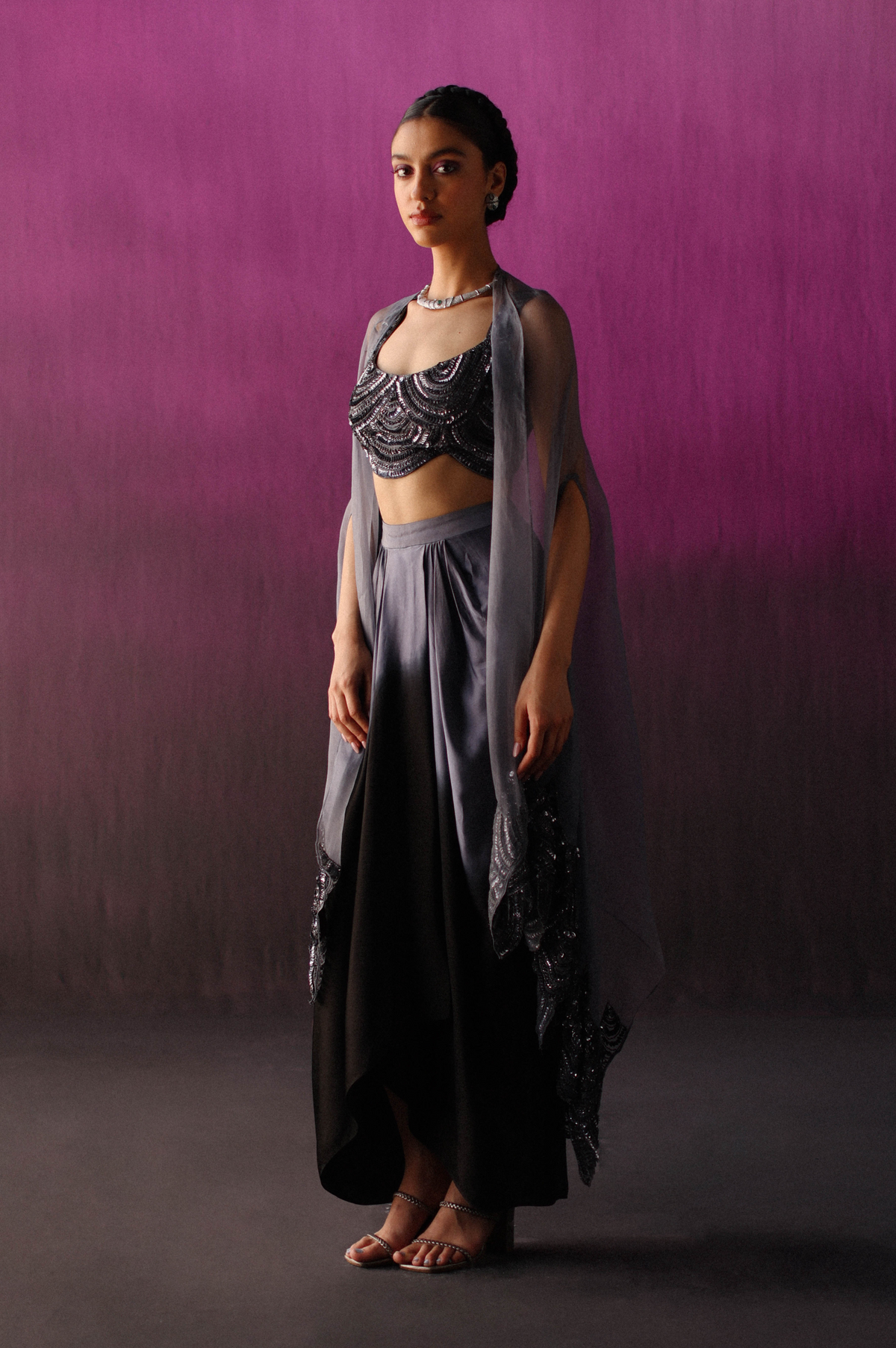 Grey Black Ombre Dhoti Cape Set