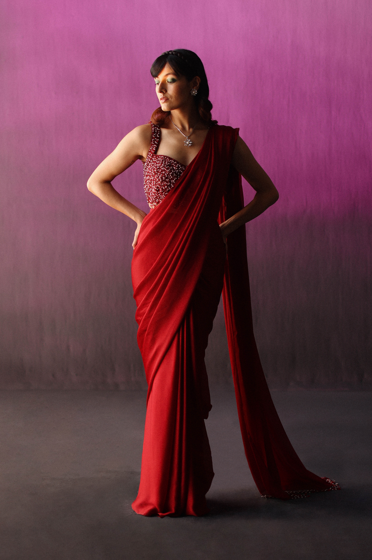 The Red Scallop Crystal Drape Saree