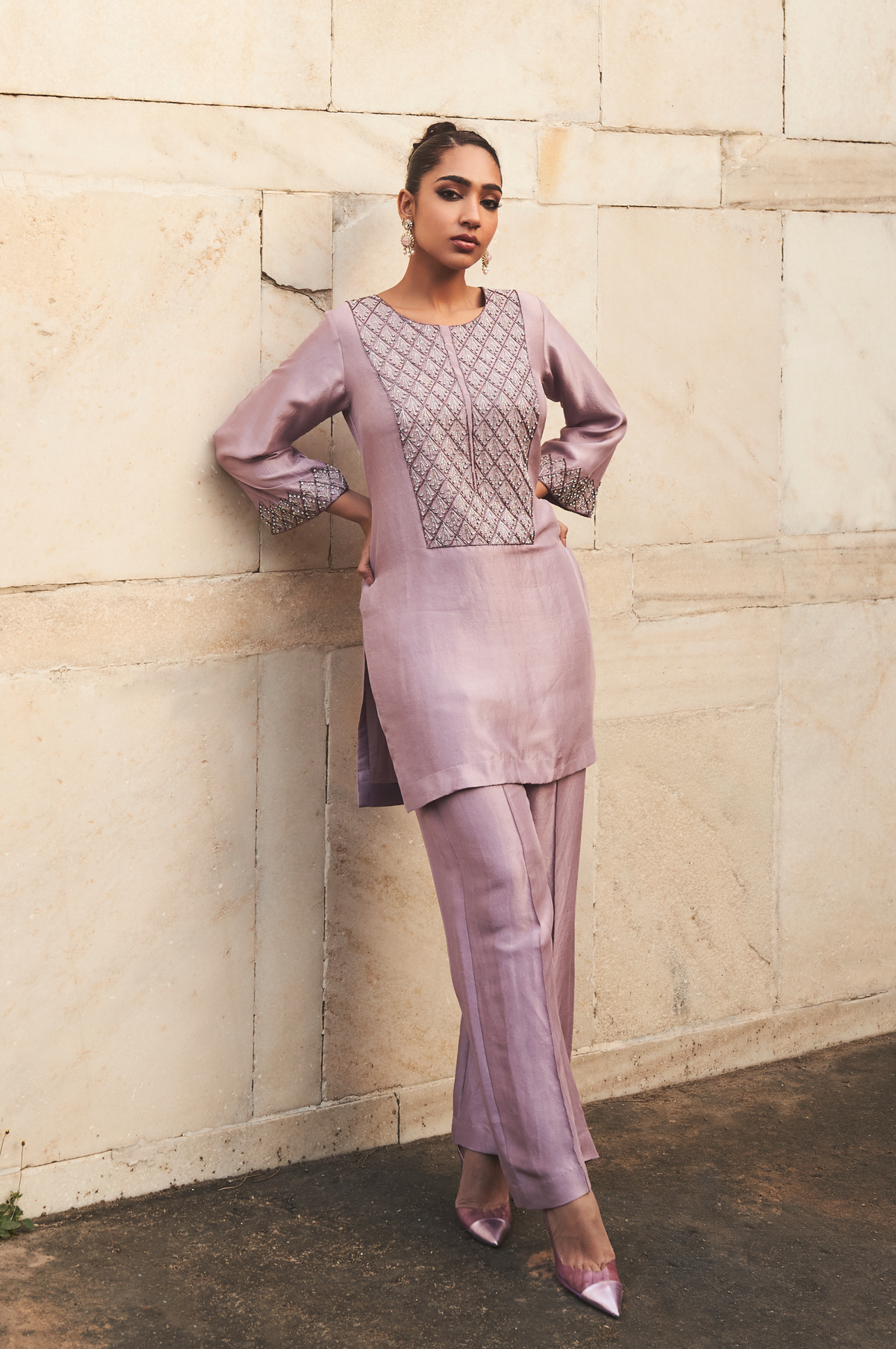 Silver on Mauve Zeya Silk Set