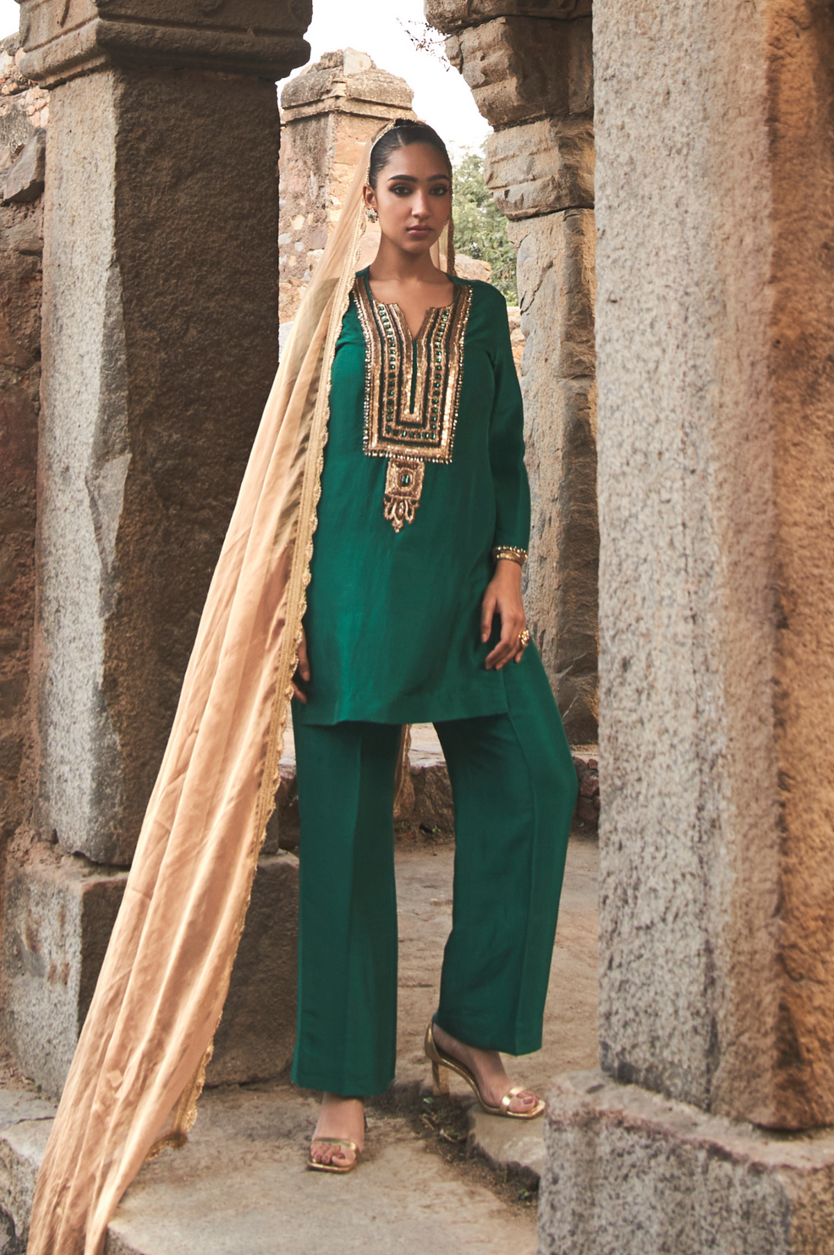 Gold on Emerald Green Zeya Silk Set