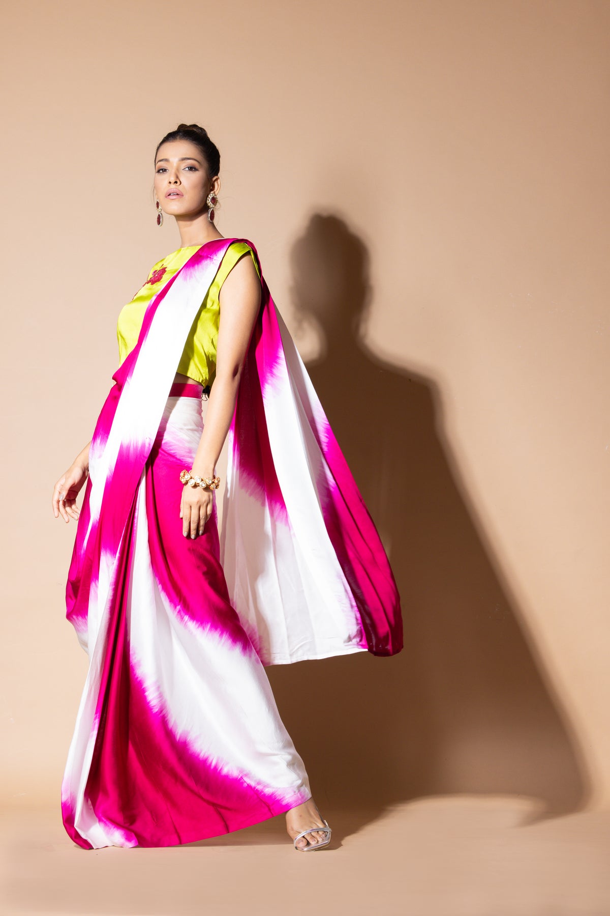 Lustrous Pre Draped Pink Saree With Crop Top