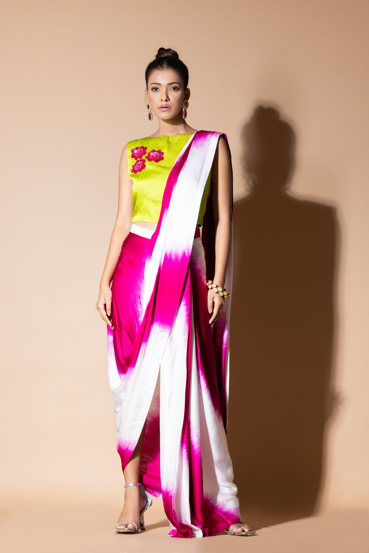 Lustrous Pre Draped Pink Saree With Crop Top