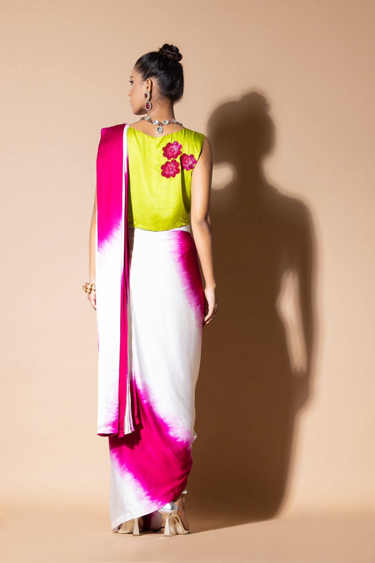 Lustrous Pre Draped Pink Saree With Crop Top