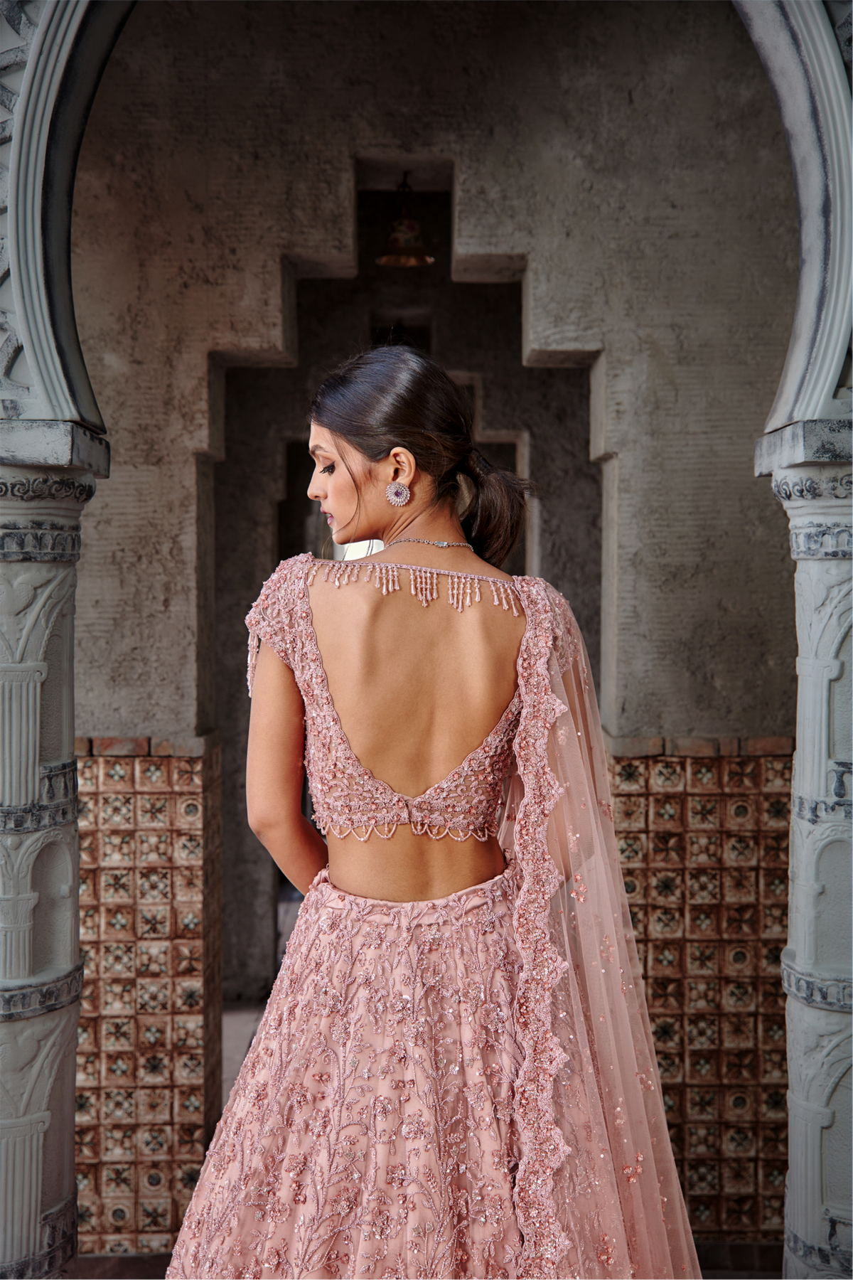 Dusty Coral Tulle Lehenga Set