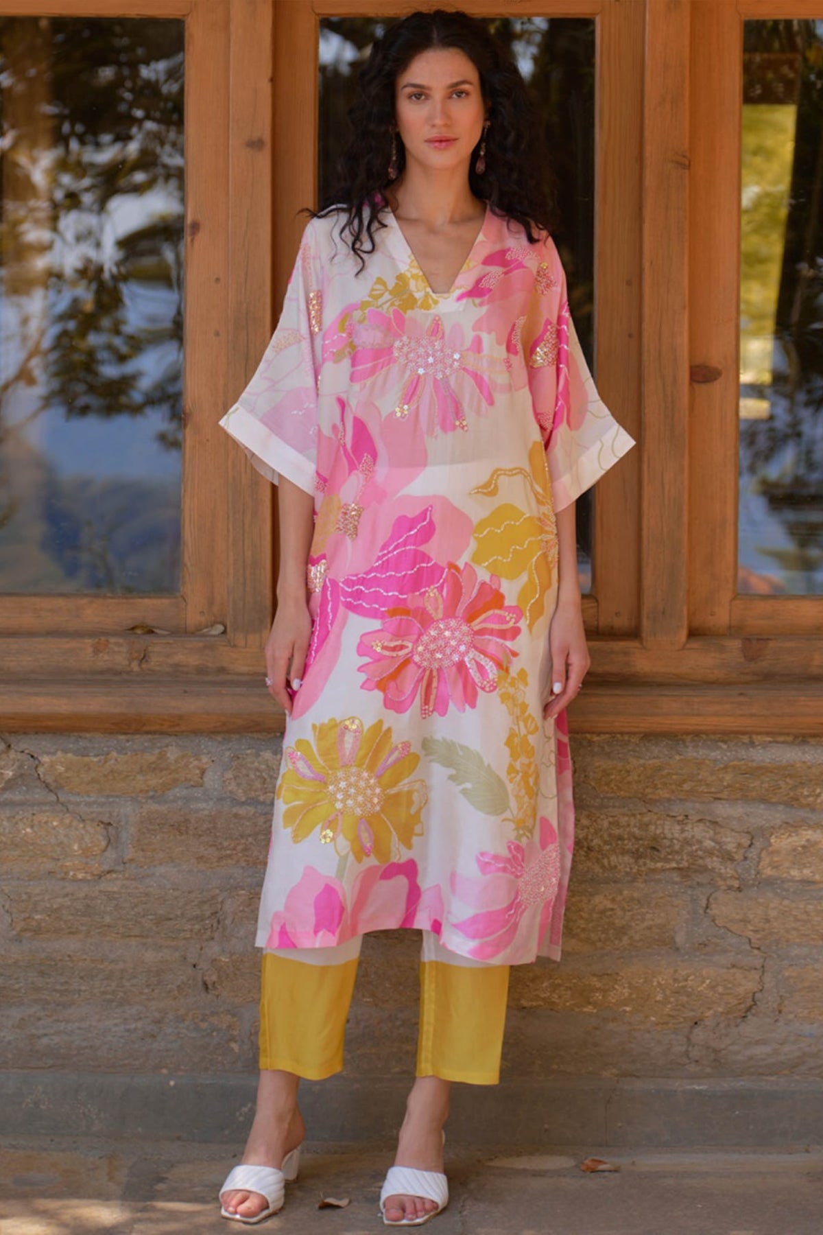 White And Pink Wildrose Tunic Set