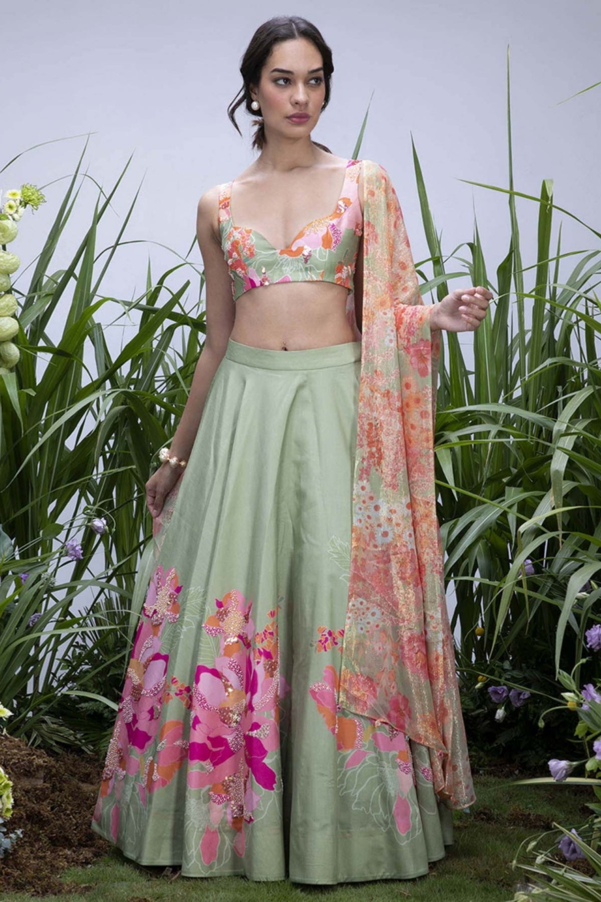 Green Wildflower Center Print Lehenga Set