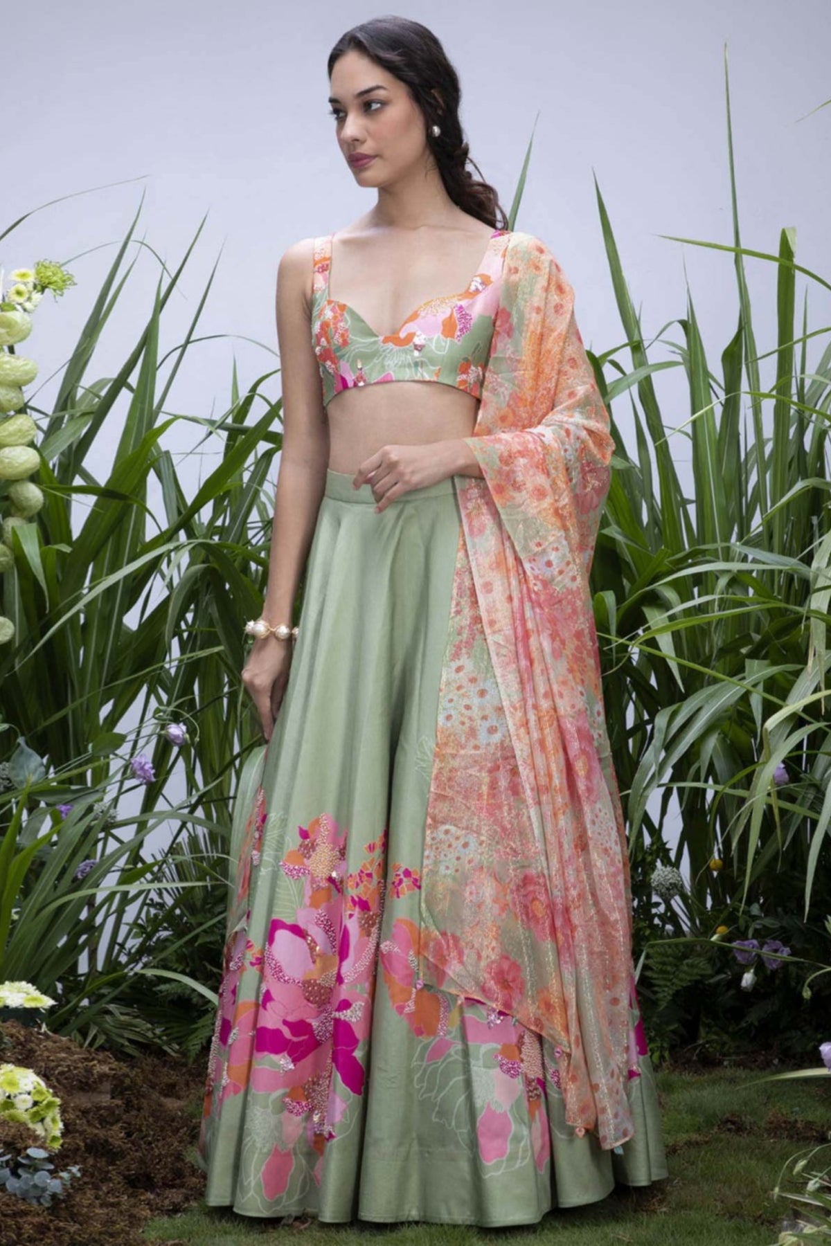 Green Wildflower Center Print Lehenga Set