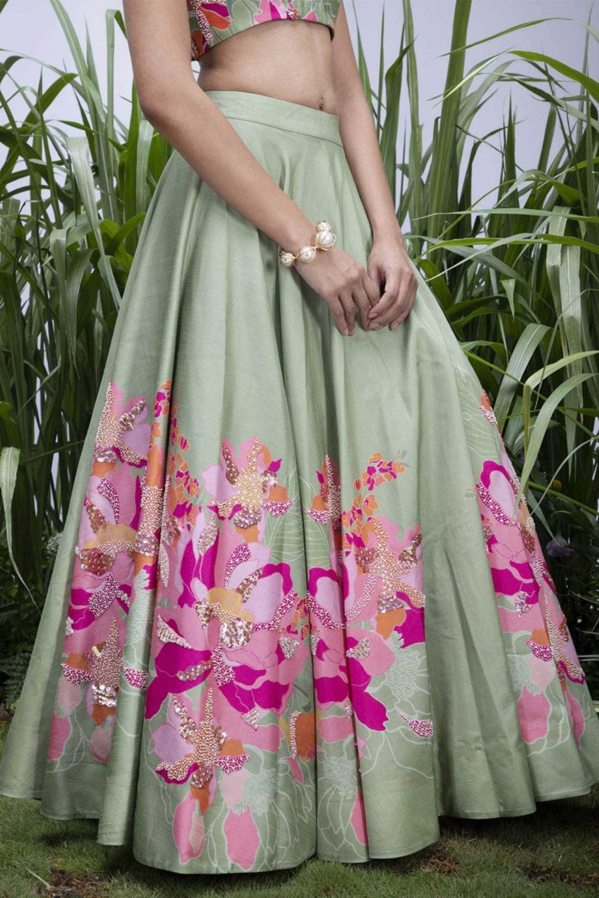 Green Wildflower Center Print Lehenga Set