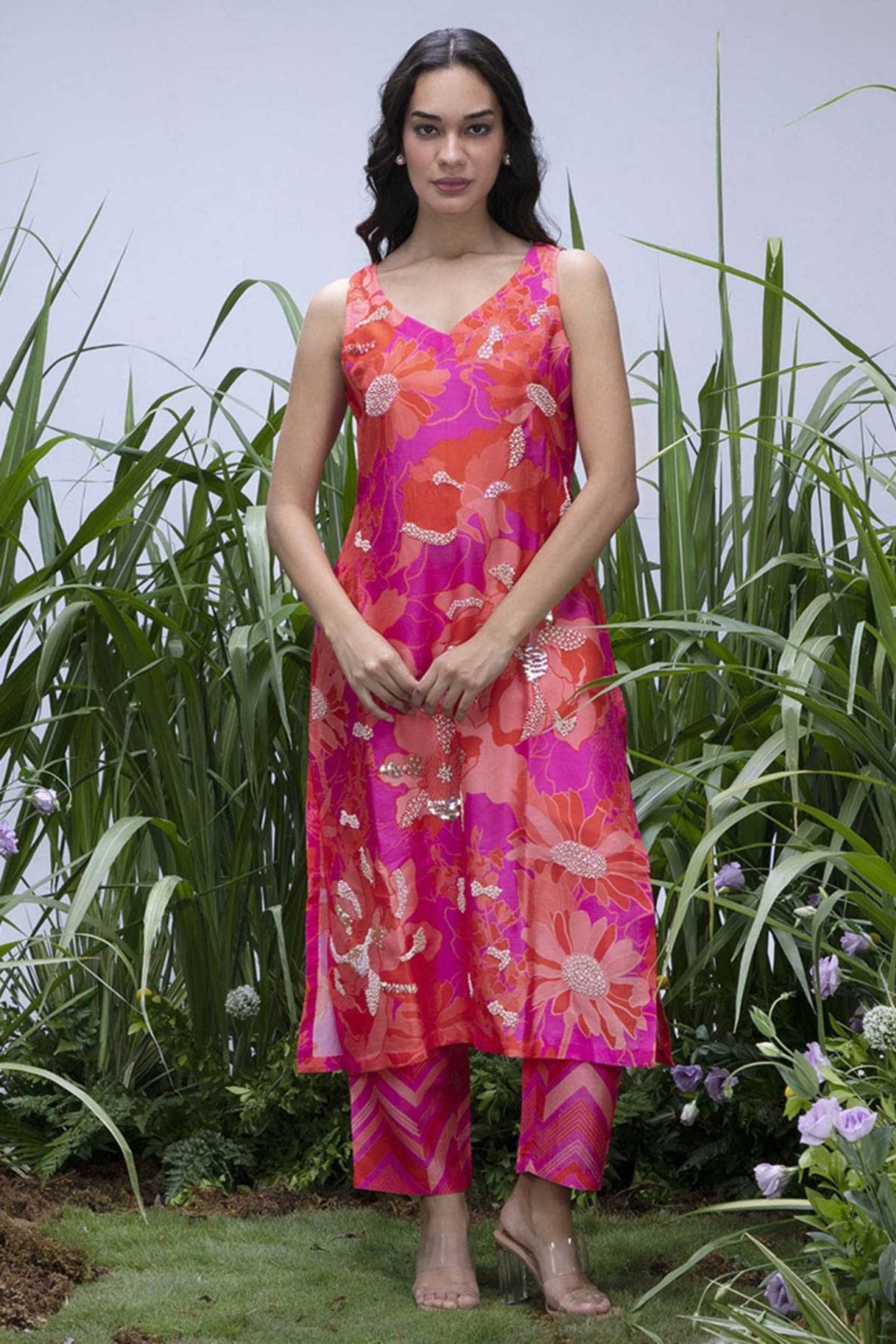 Pink Wildflower Sleeveless Kurta Set