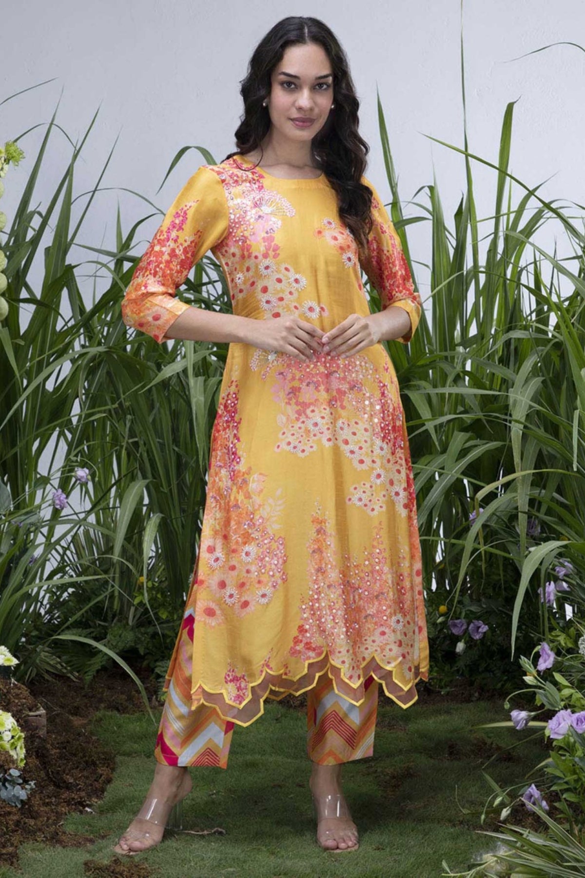 Yellow Wildflower Organza Hemline Kurta Set