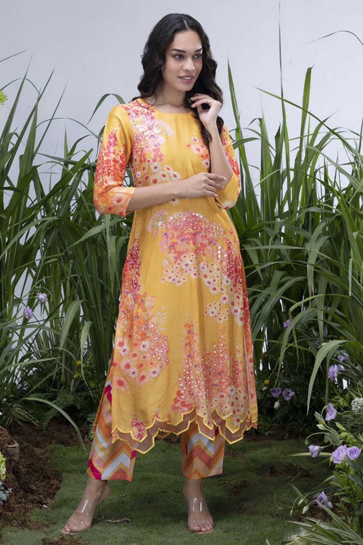 Yellow Wildflower Organza Hemline Kurta Set