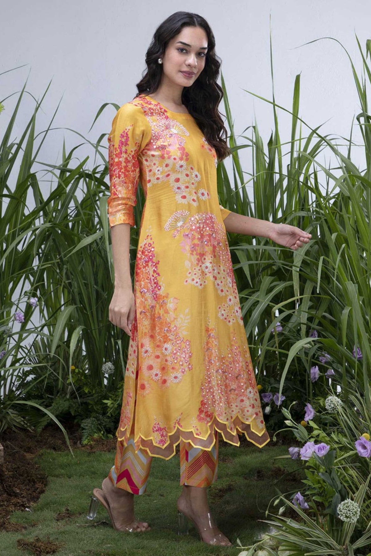 Yellow Wildflower Organza Hemline Kurta Set