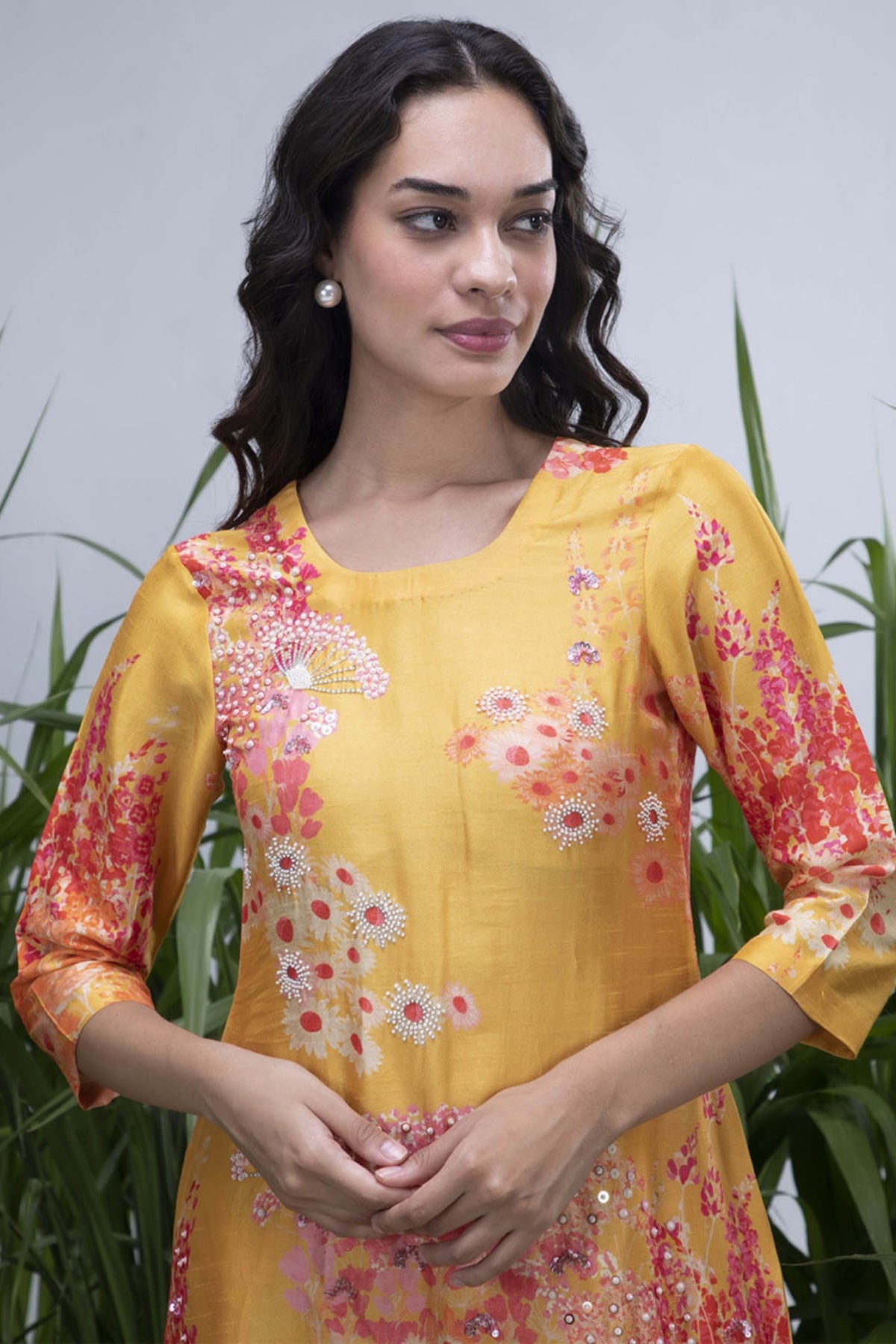 Yellow Wildflower Organza Hemline Kurta Set