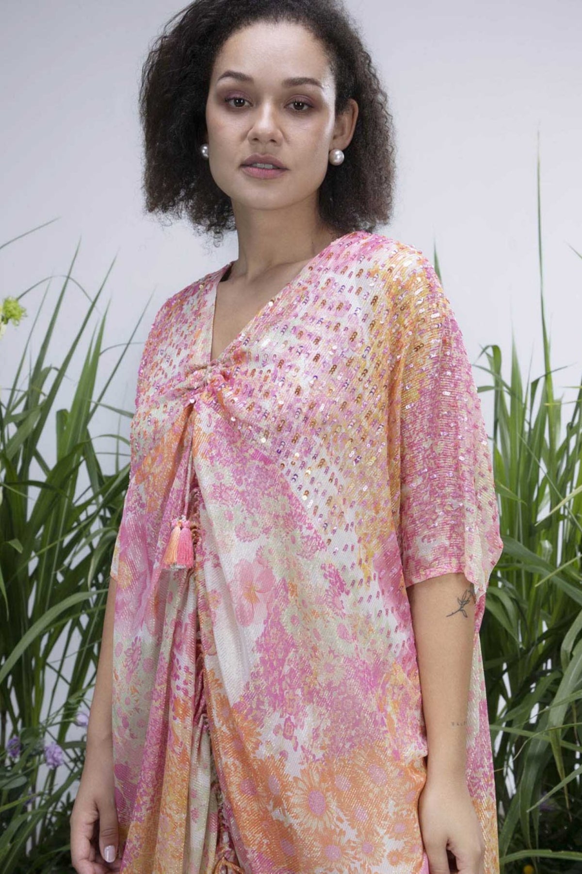 White Shimmer Wildflower Cowl Kaftan