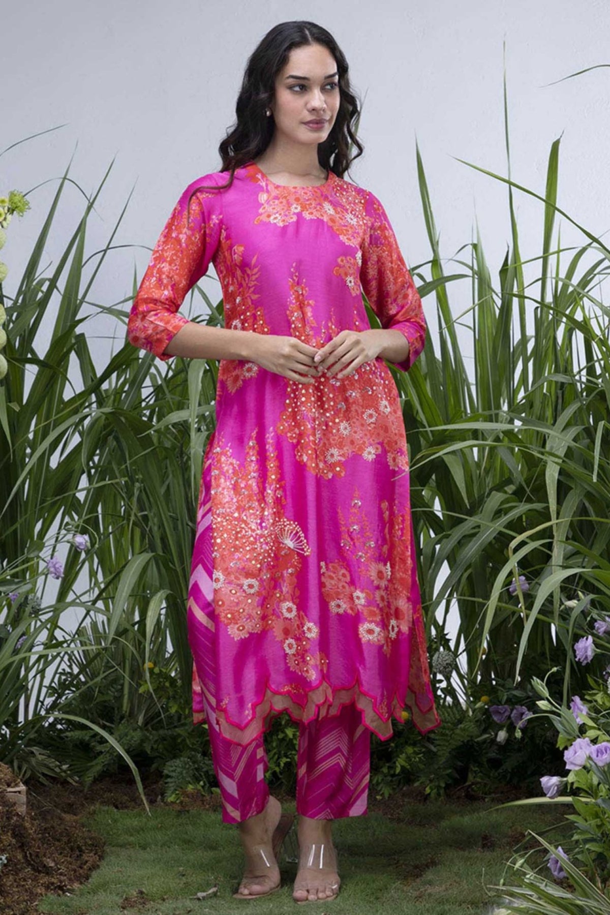 Pink Wildflower Organza Hemline Kurta Set