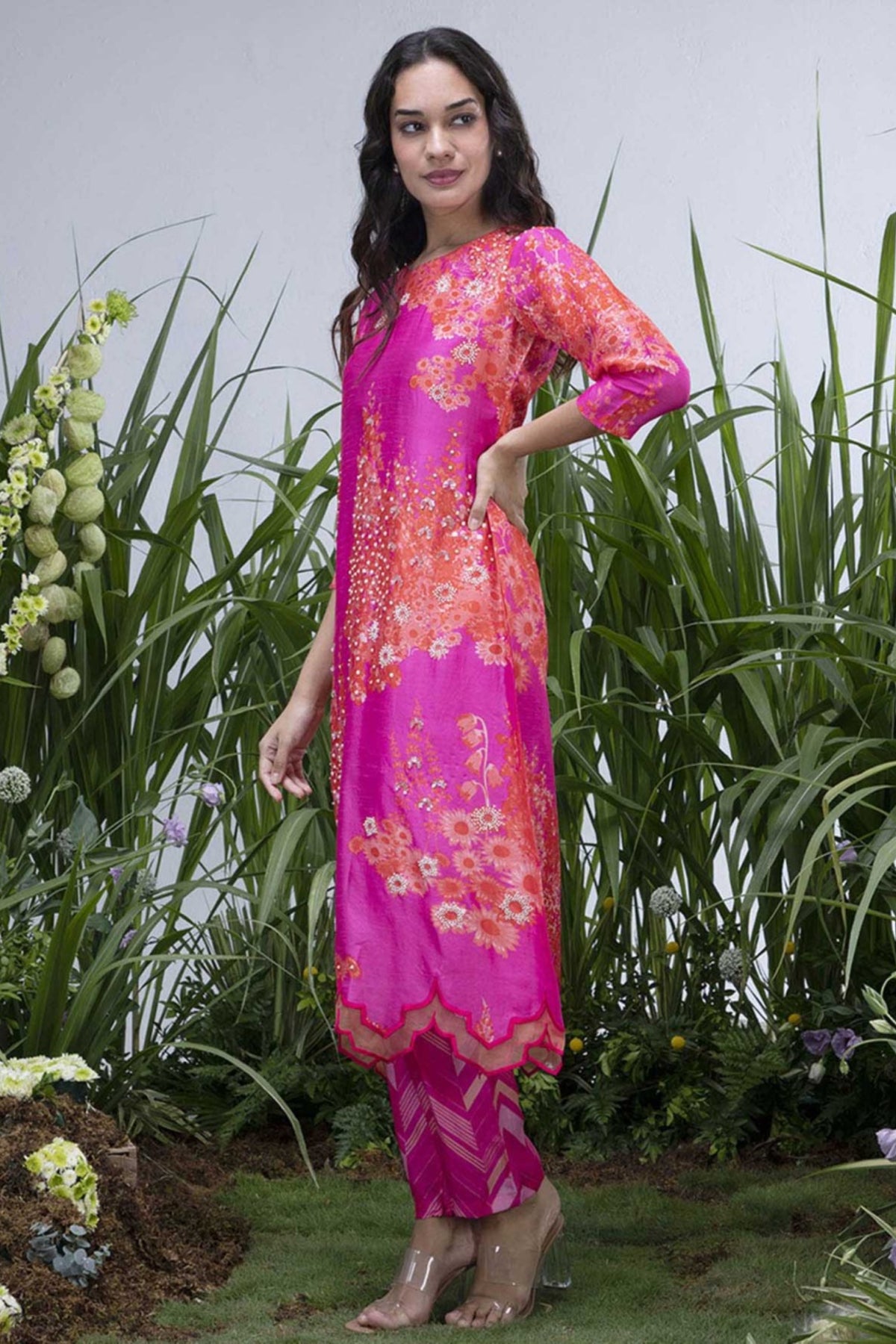 Pink Wildflower Organza Hemline Kurta Set