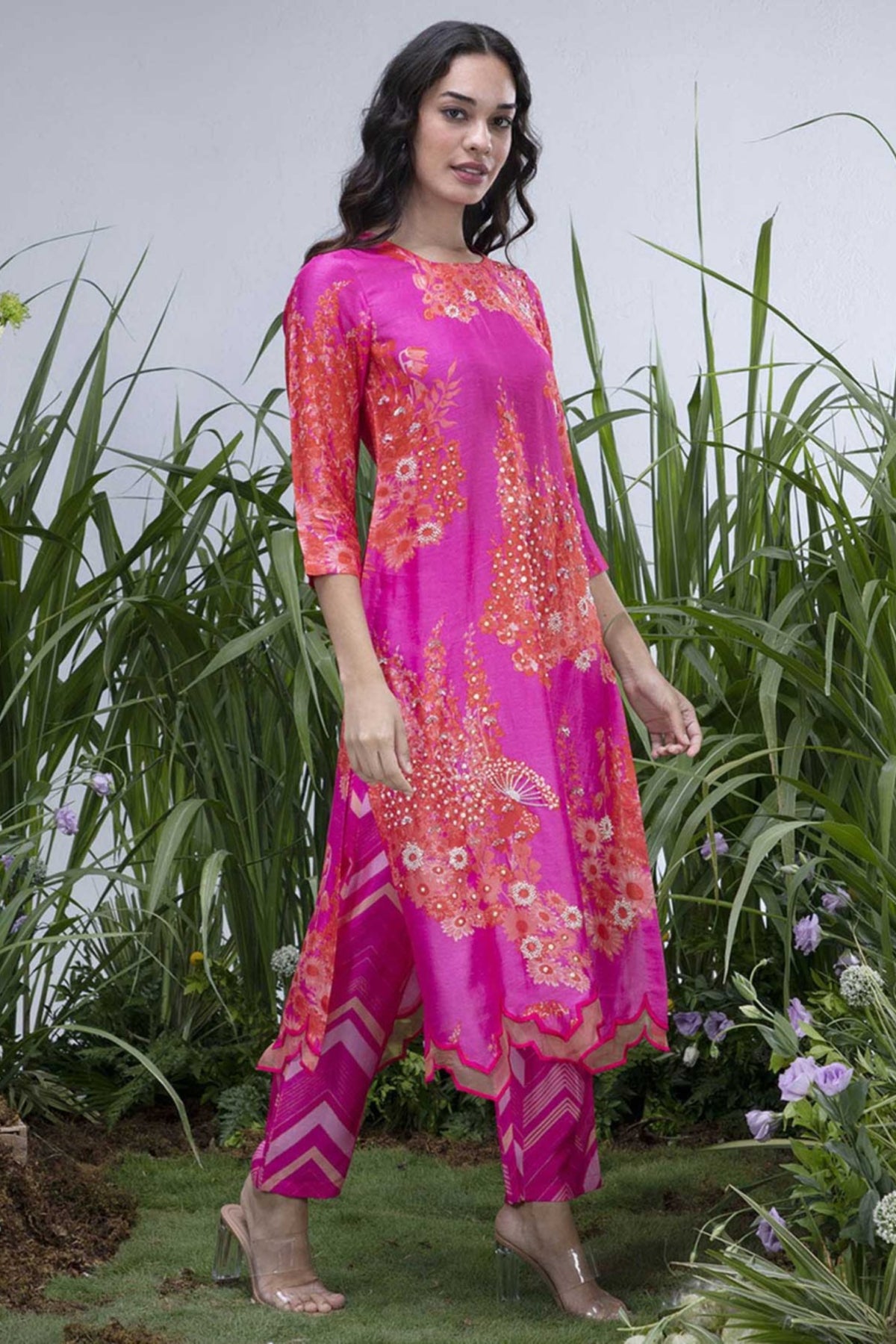 Pink Wildflower Organza Hemline Kurta Set