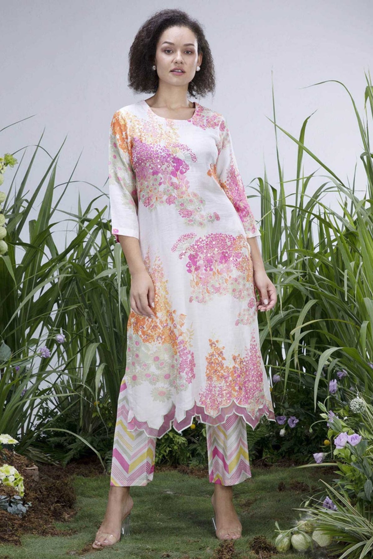 White Wildflower Organza Hemline Kurta Set