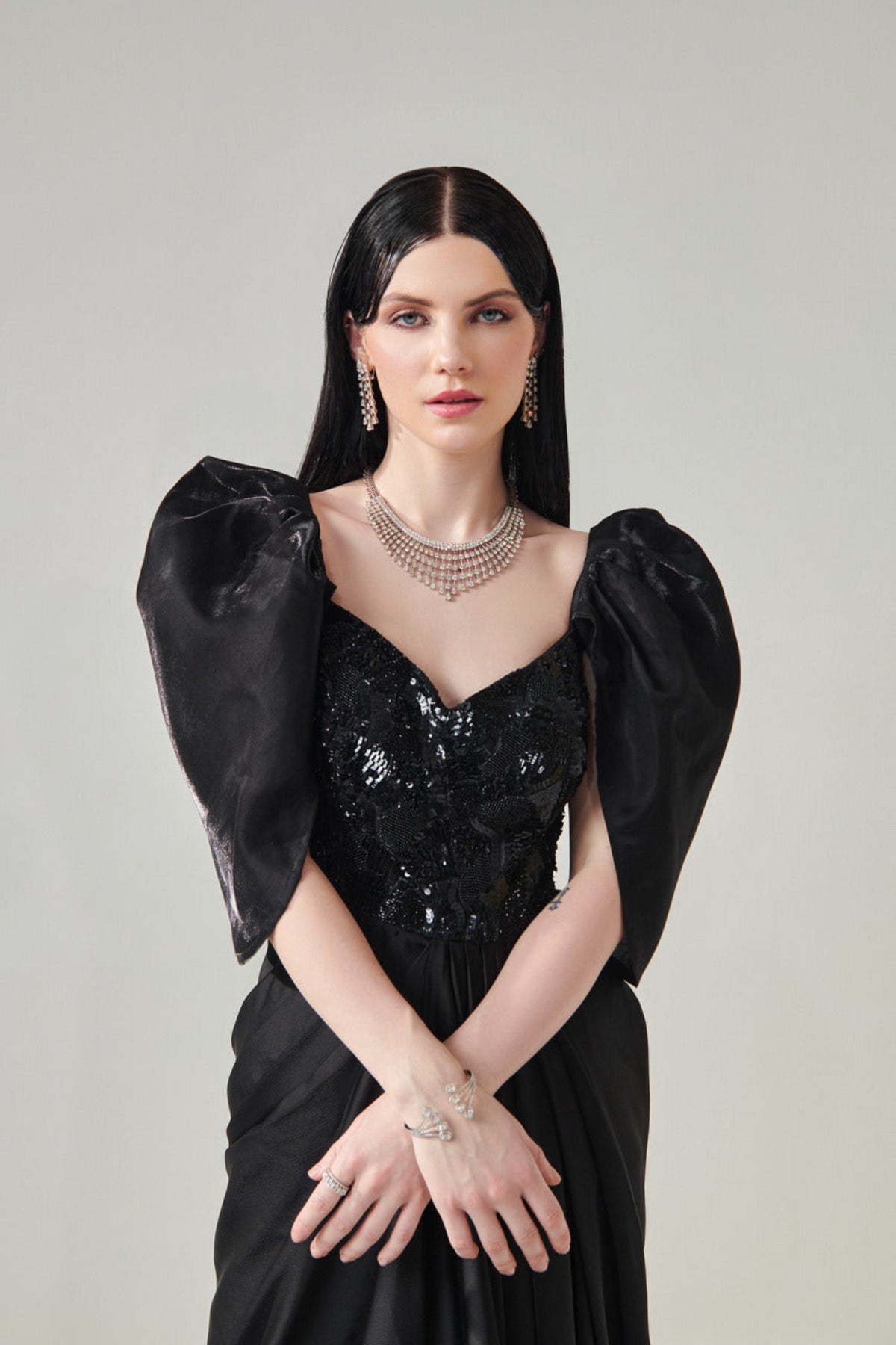 Black Draped Gown With Voluminous Sleeves