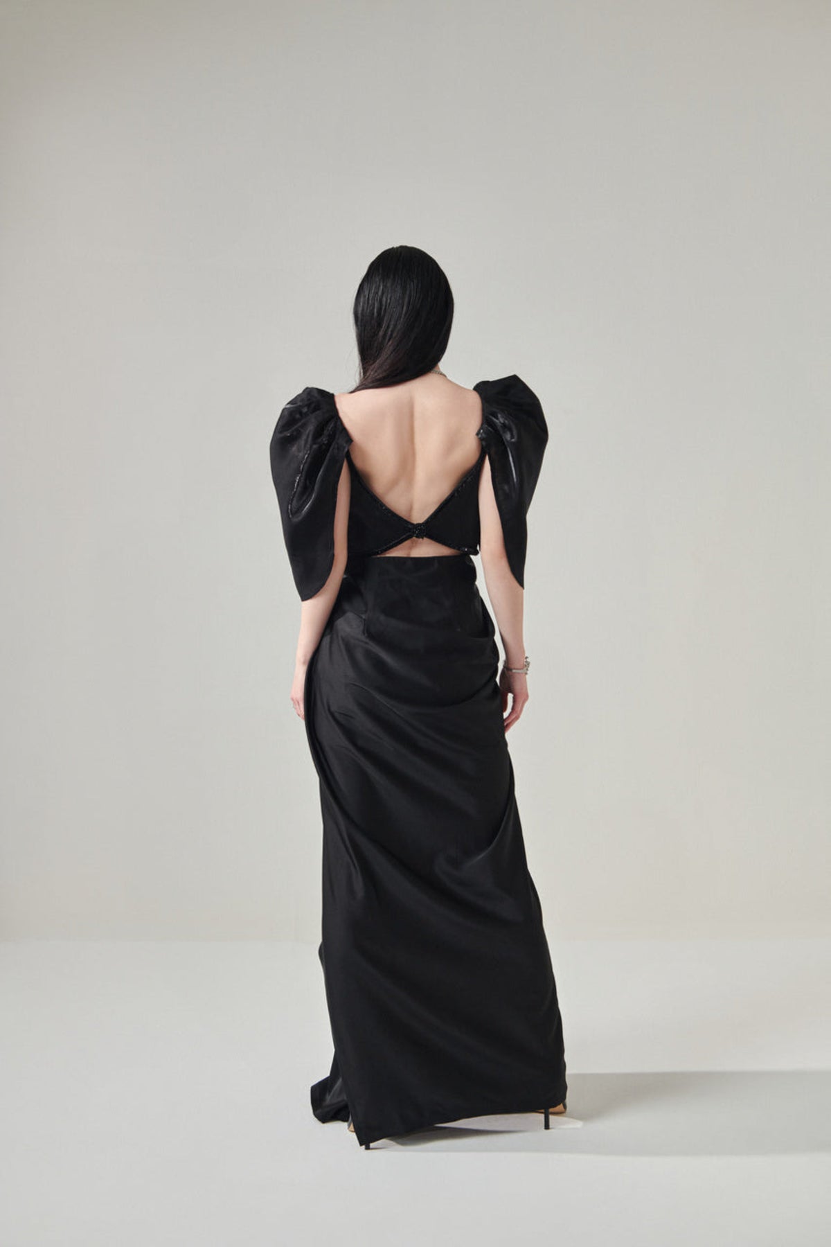 Black Draped Gown With Voluminous Sleeves