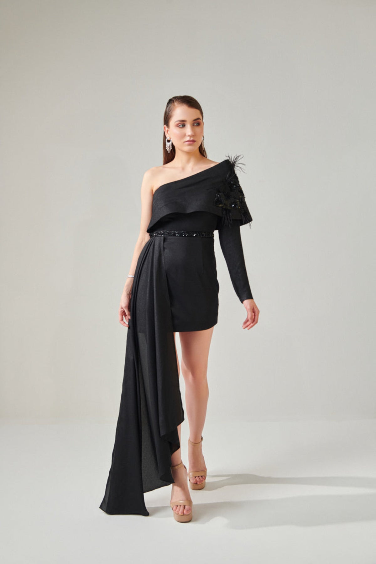 Black One Shoulder Power Drape Dress