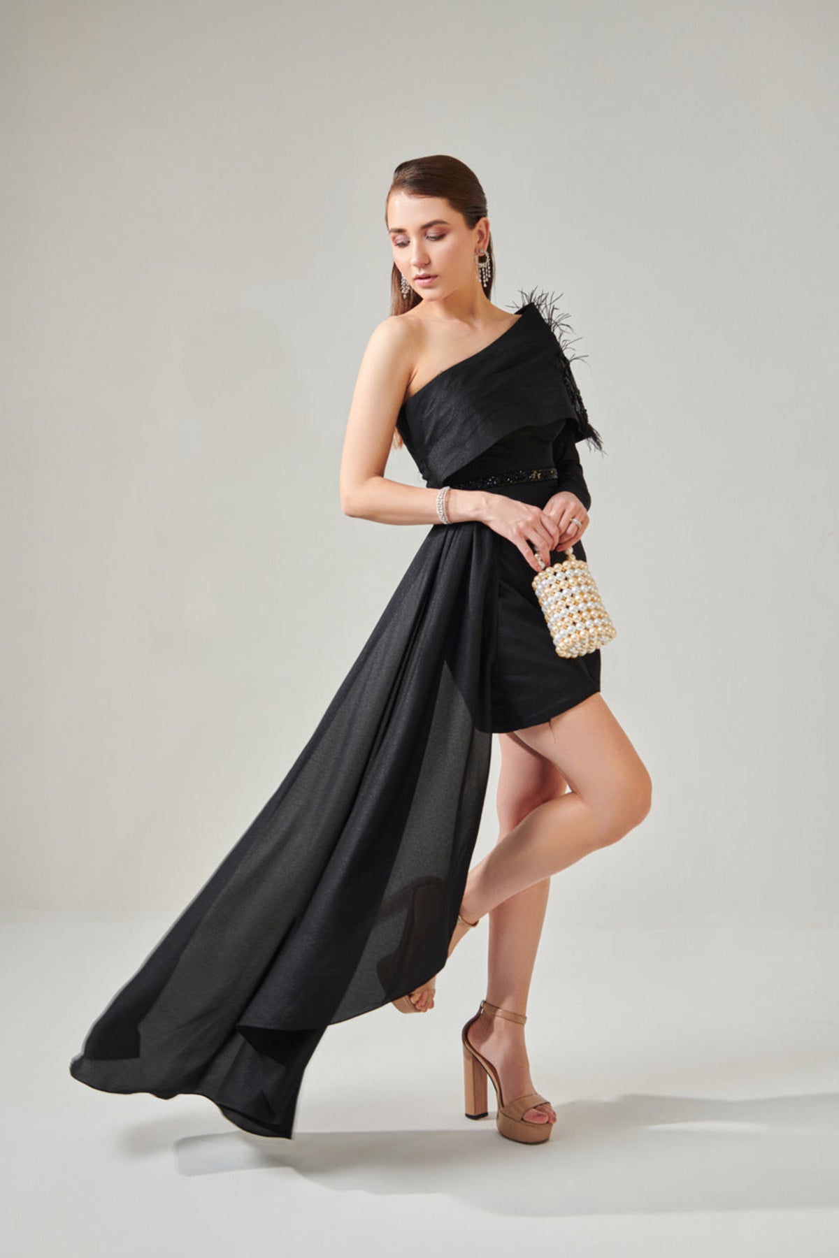 Black One Shoulder Power Drape Dress