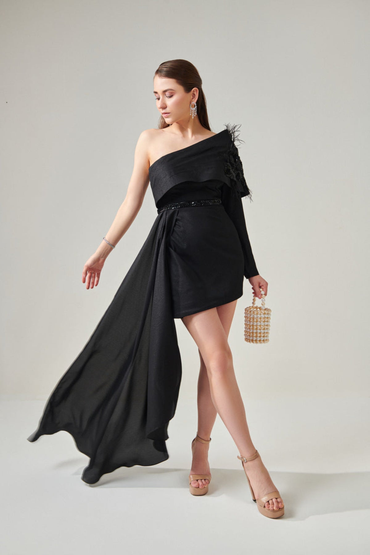 Black One Shoulder Power Drape Dress