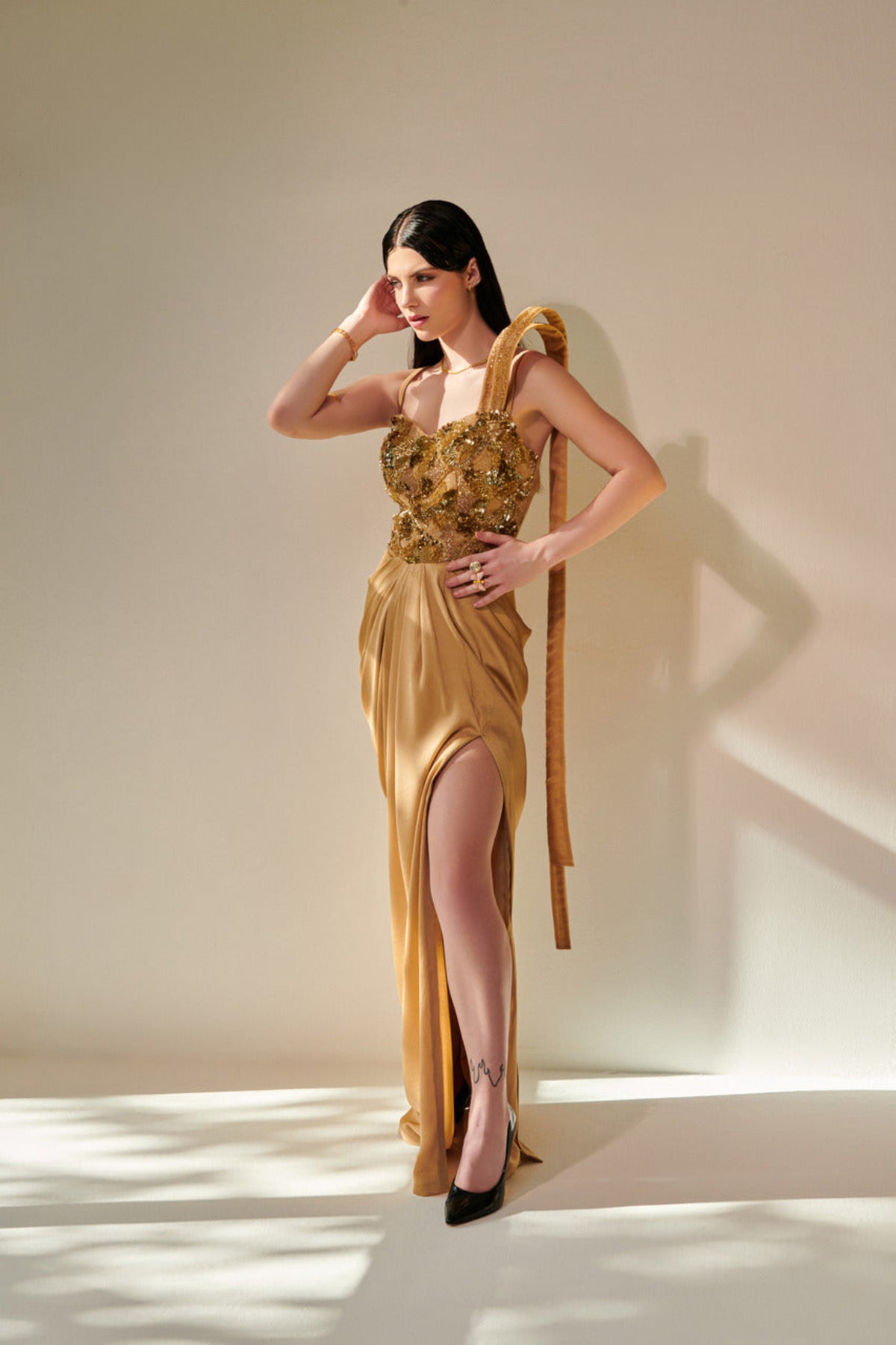 Golden Drape Gown With Trail