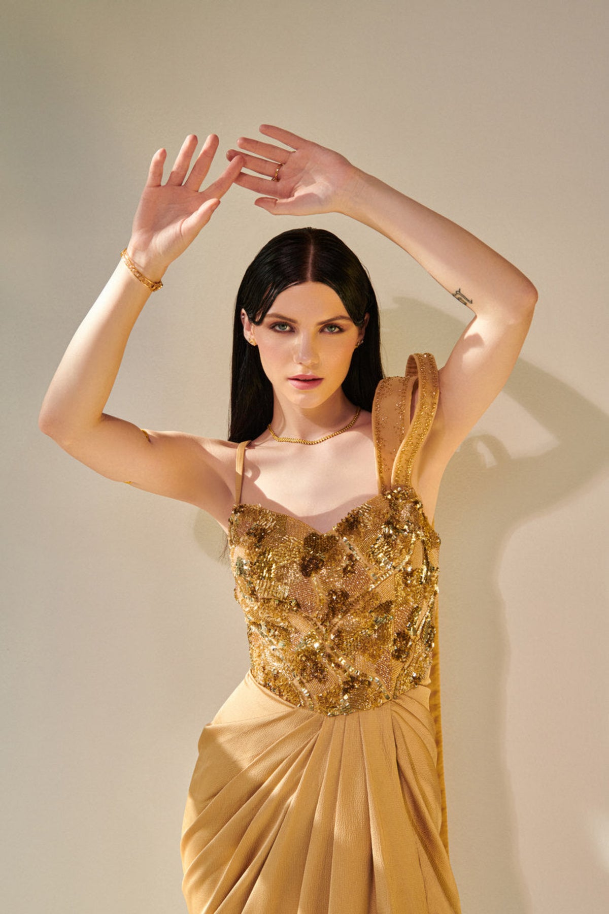 Golden Drape Gown With Trail