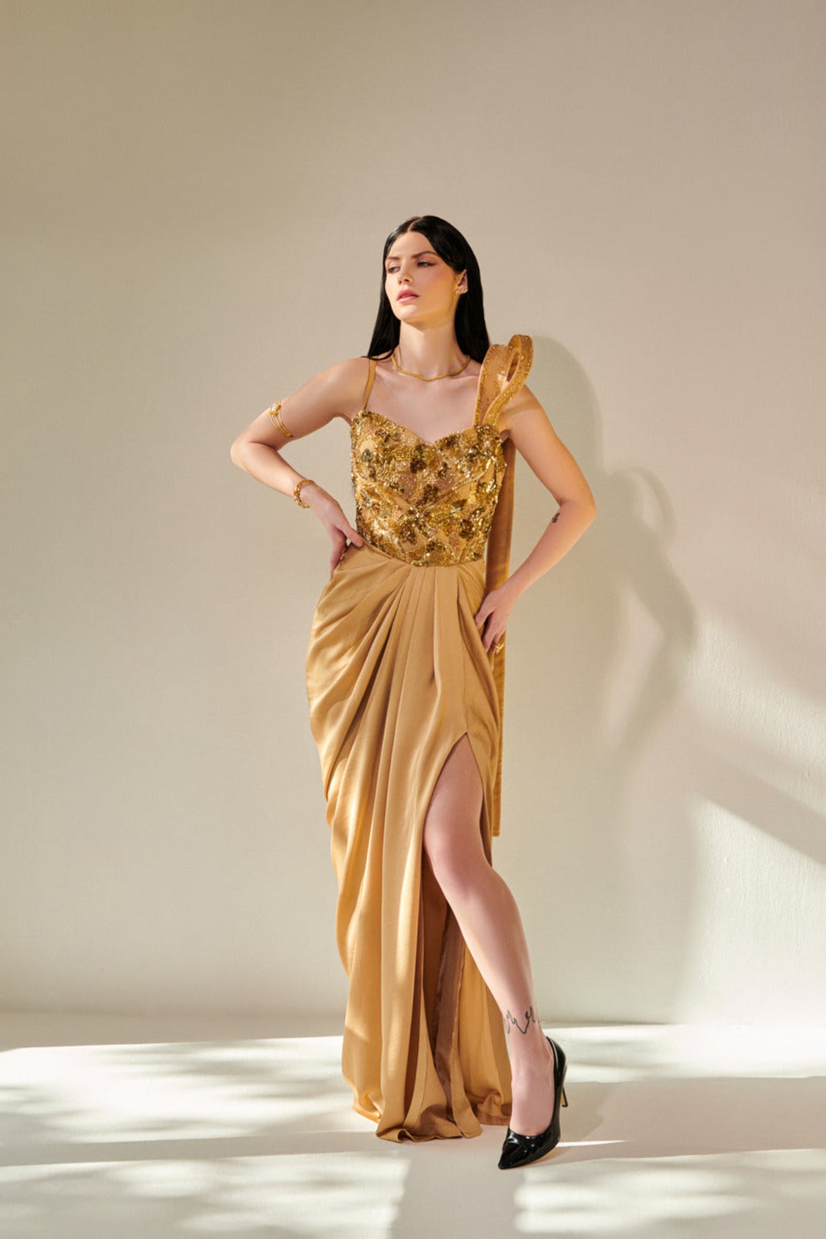 Golden Drape Gown With Trail