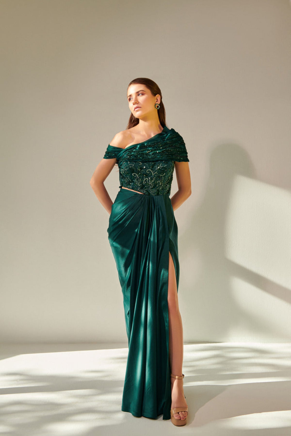 Off Shoulder Emerald Green Drape Gown