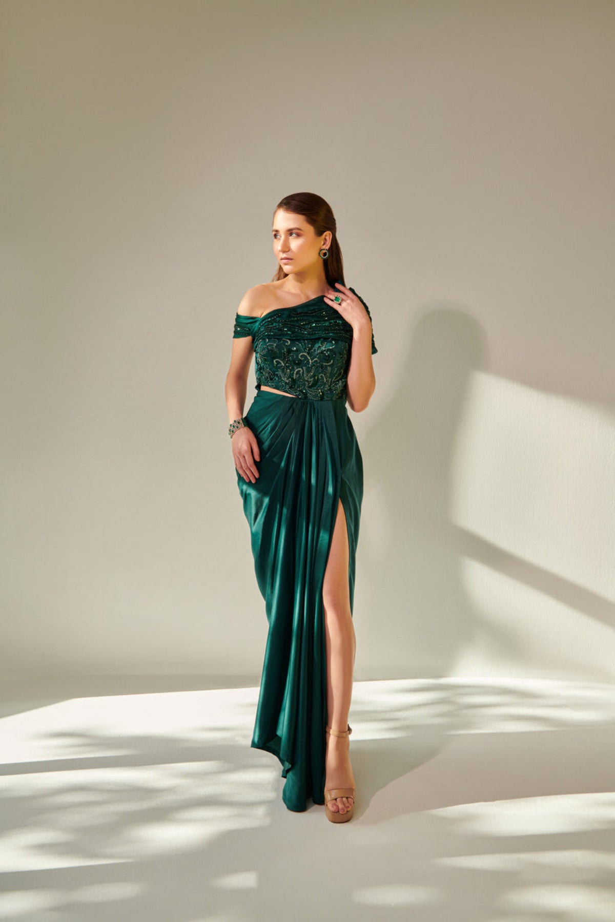 Off Shoulder Emerald Green Drape Gown