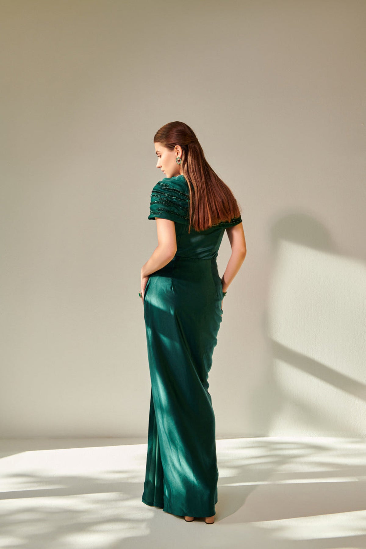 Off Shoulder Emerald Green Drape Gown