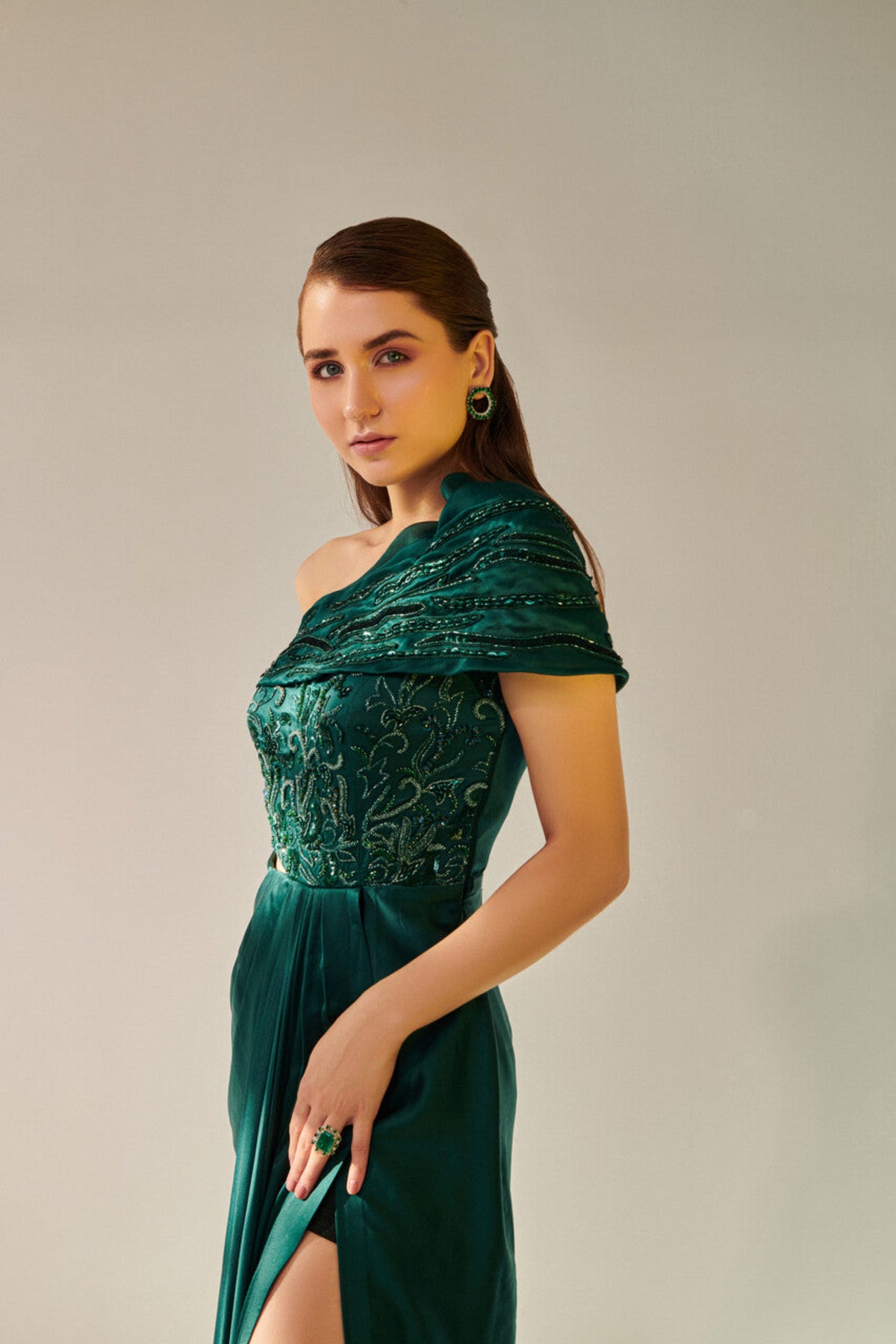 Off Shoulder Emerald Green Drape Gown