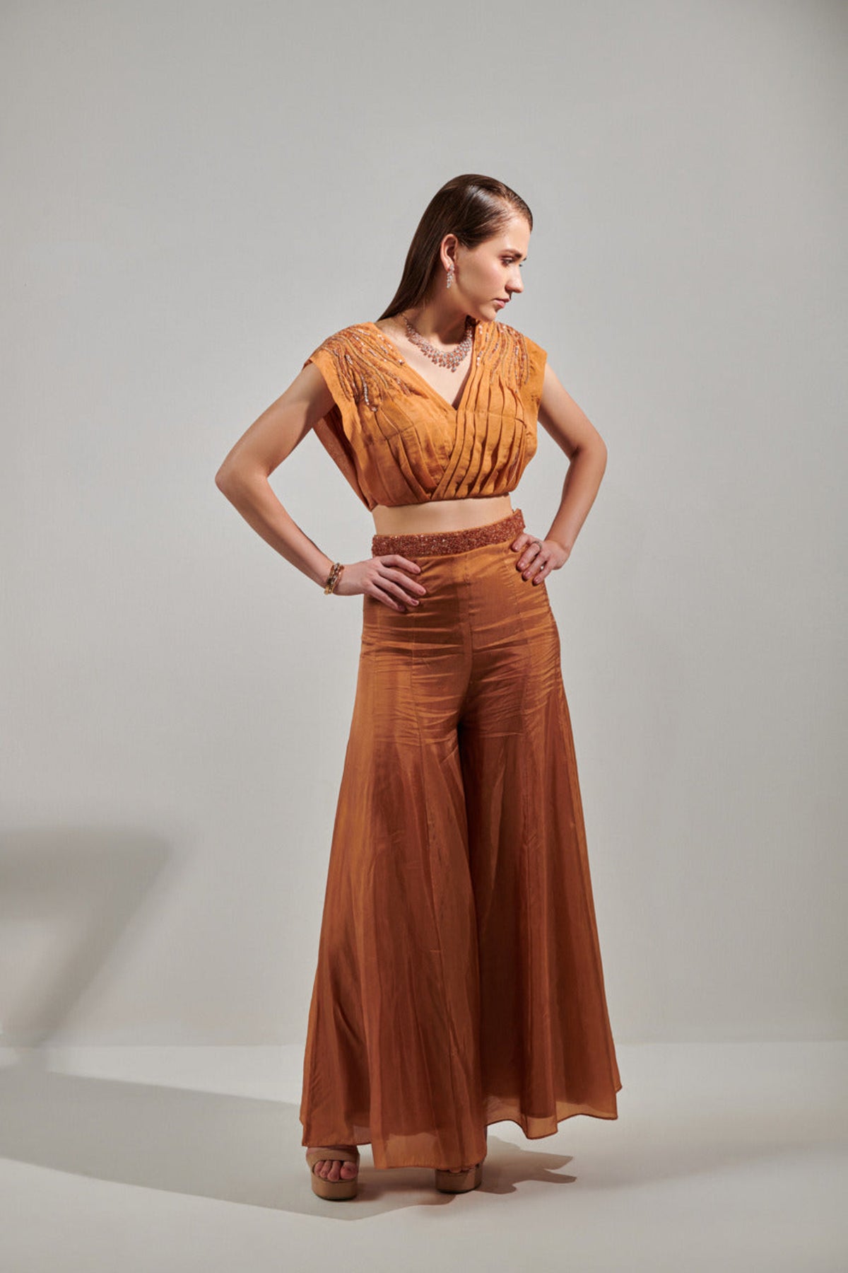 Honey Mustard Pleated Top and Sharara Set