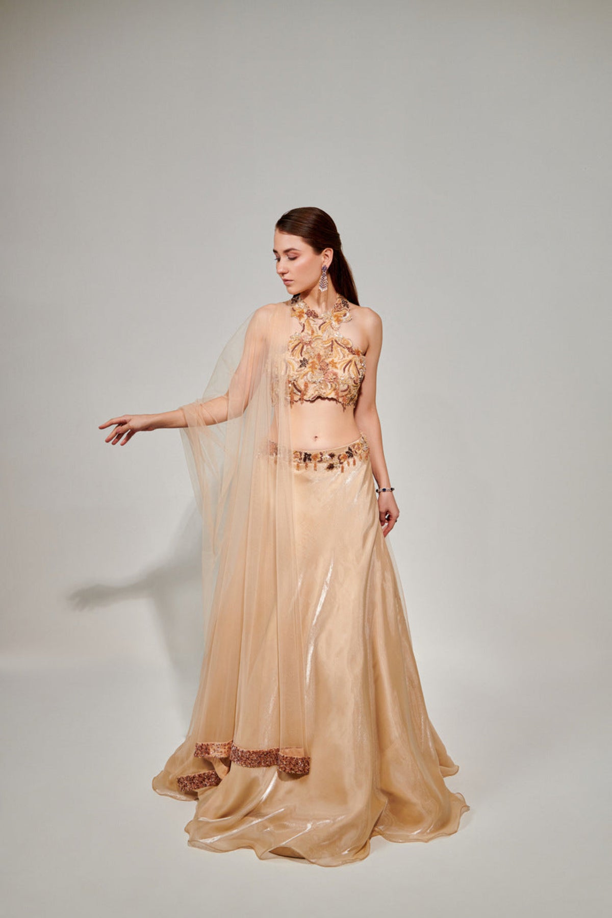 Ivory Cut Work Halter Neck Blouse and Lehenga Set