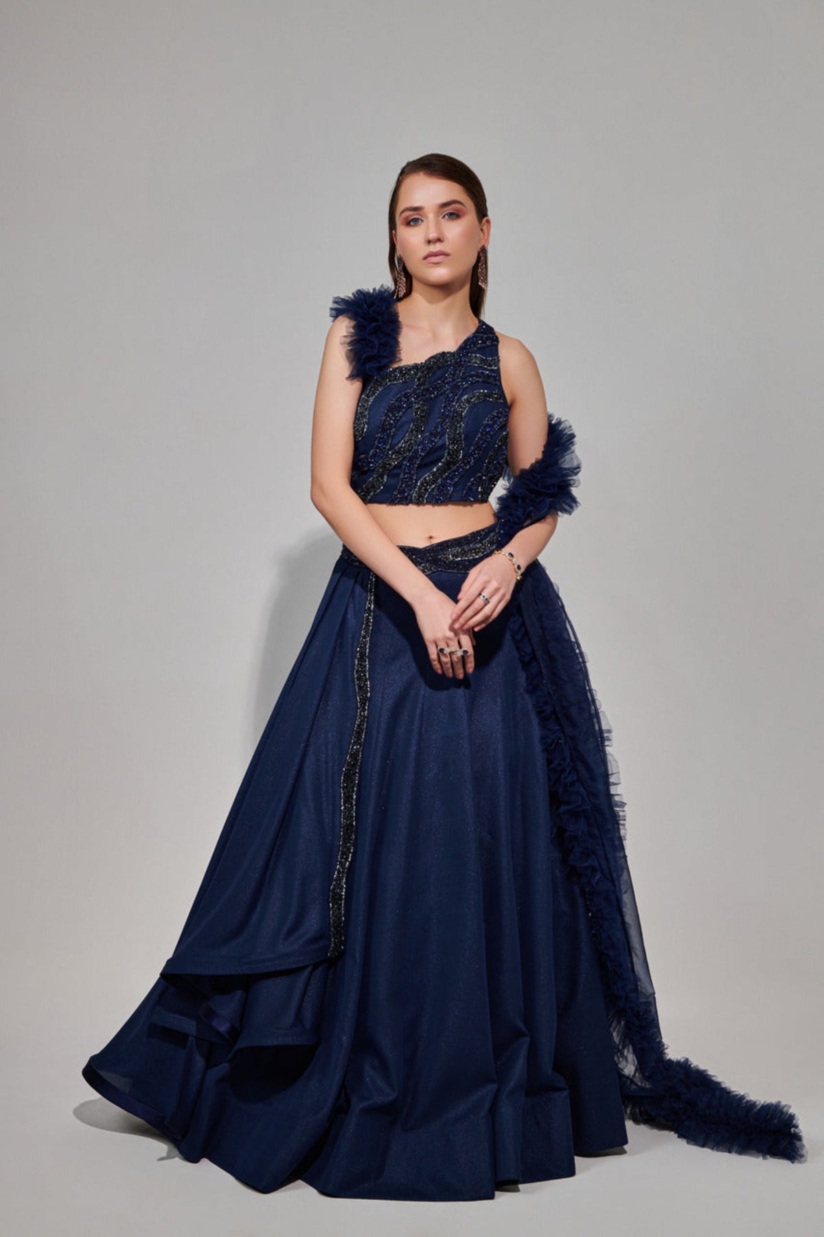 Midnight Blue Multi Layered Kali Lehenga Set